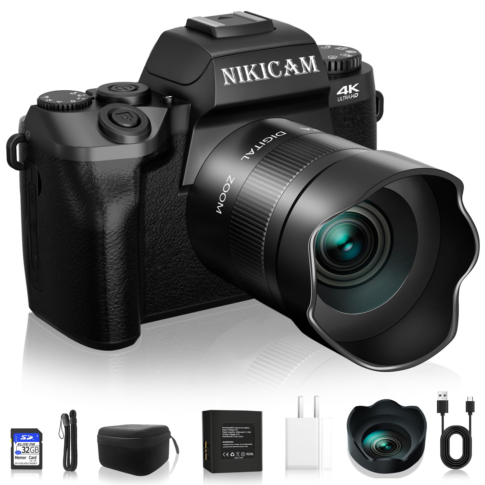 Digital Cameras For Photography, Nikicam 4K 64Mp Wifi Vlogging Camera For Youtube With Dual Camera, 4'' Touch Screen Compact Cam