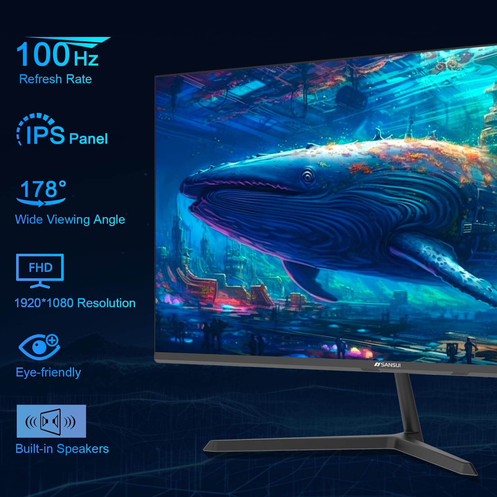 Sansui 24 Inch Monitor, Ips Display Computer Monitor With Built In Speakers, 100Hz Monitor Vesa Mount With Hdmi Inputs, Fhd Moni