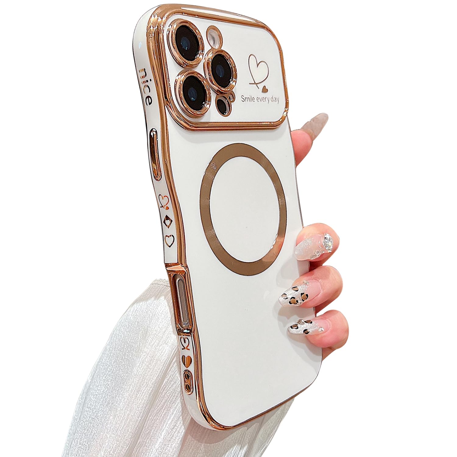 Zonrw For Iphone 16 Pro Case Magnetic,For Women Girls Soft Cute Wave Frame Curly Shape Love Heart Luxury Plating Phone Case Comp