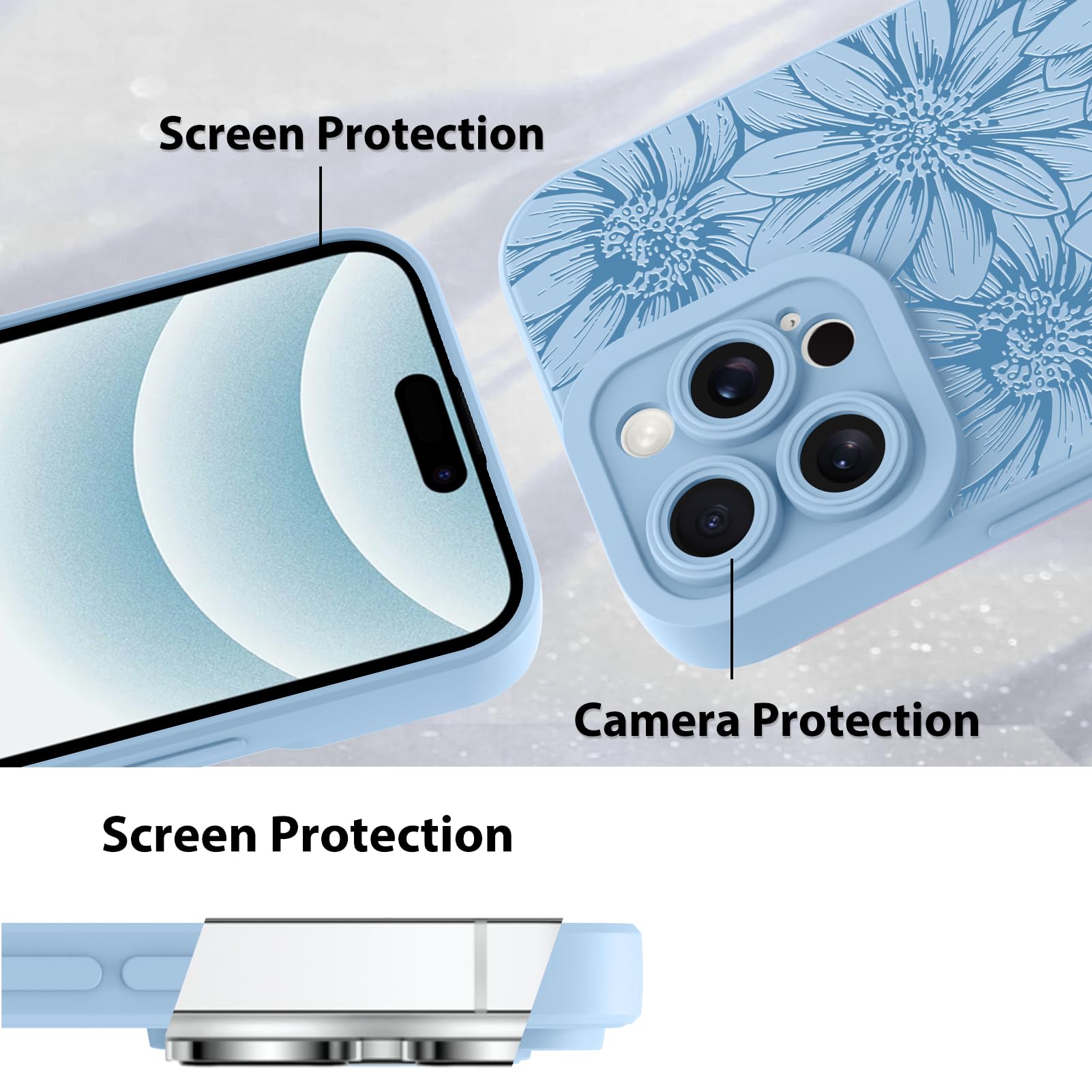 Mzelq For Iphone 16 Pro Max Case Case, Silicone Black Floral Flowers Sunflowers Cute Pattern, Camera Protection Soft Slim Phone