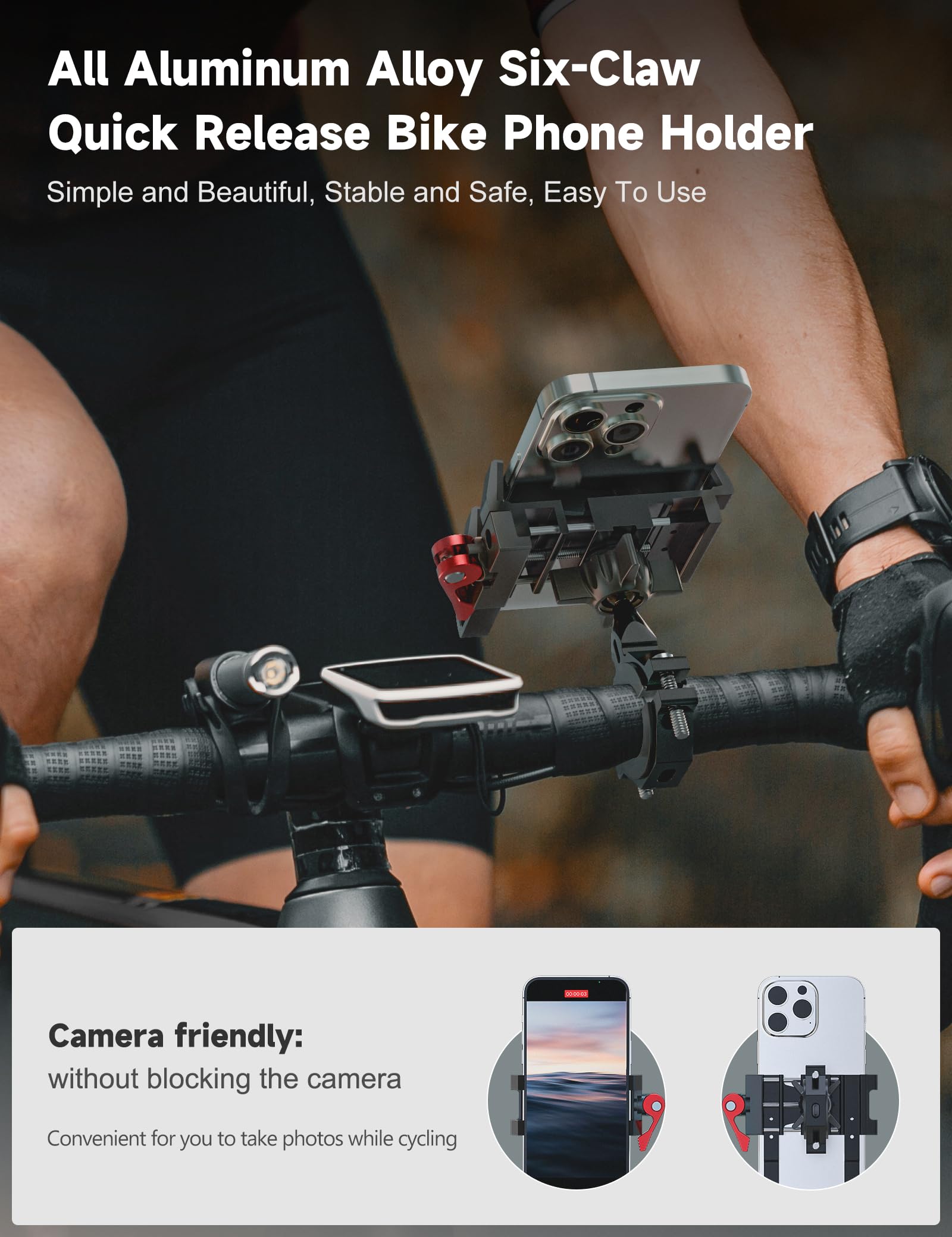 Tiakia Aluminum Bike Phone Mount Holder, [2024 Upgrade] Motorcycle Phone Mount, [1S Lock] Handlebar Mounted Cell Phone Holder, 3