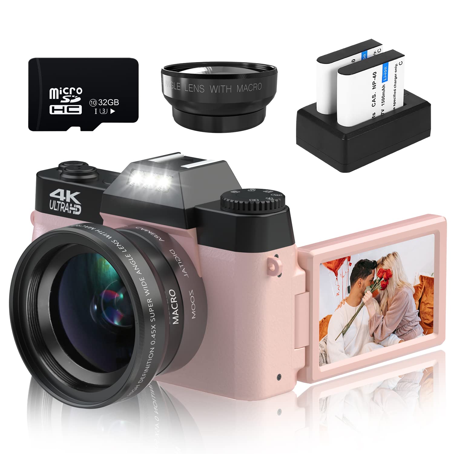 Vetek Digital Cameras For Photography, 4K 48Mp Vlogging Camera 16X Digital Zoom Manual Focus Students Compact Camera With 52Mm Wide Angle Lens & Macro Lens, 32G Micro Card And 2 Batteries (Pink)