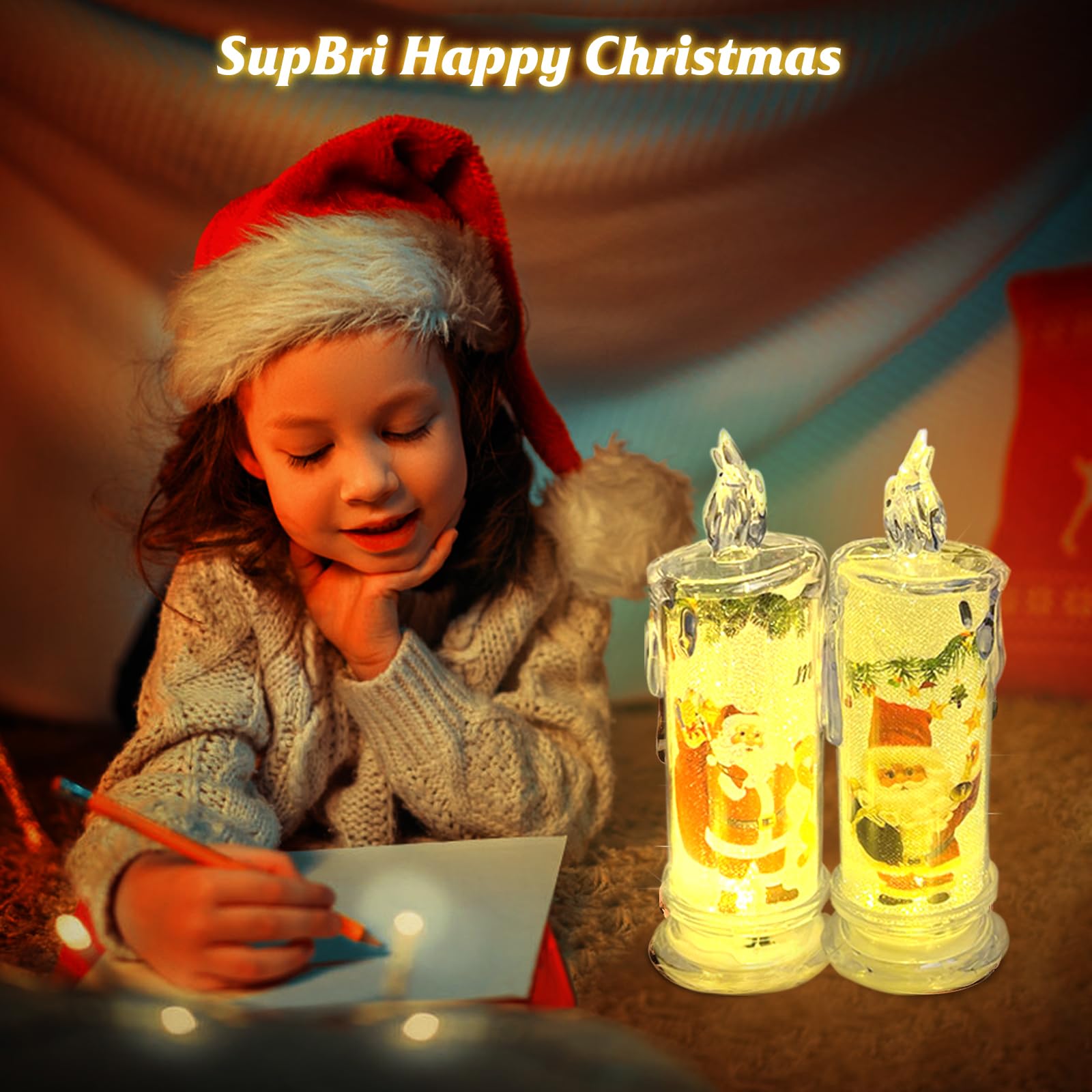 Supbri Christmas Flameless White Candles With Santa Claus, Snowman,Decals Set Of 4, Battery Operated Christmas Themed Led Pillar