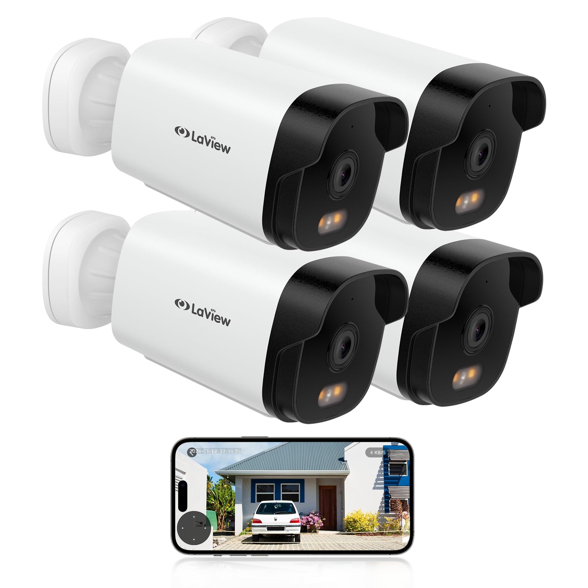 Laview 4K Security Camera Outdoor With Color Night Vision,8Mp Wired Cameras For Home Security,Ip65 Waterproof Camera, 24/7 Live Video,2 Way Talk,Cloud Storage/Sd Slot,Compatible With Alexa(4 Pack)