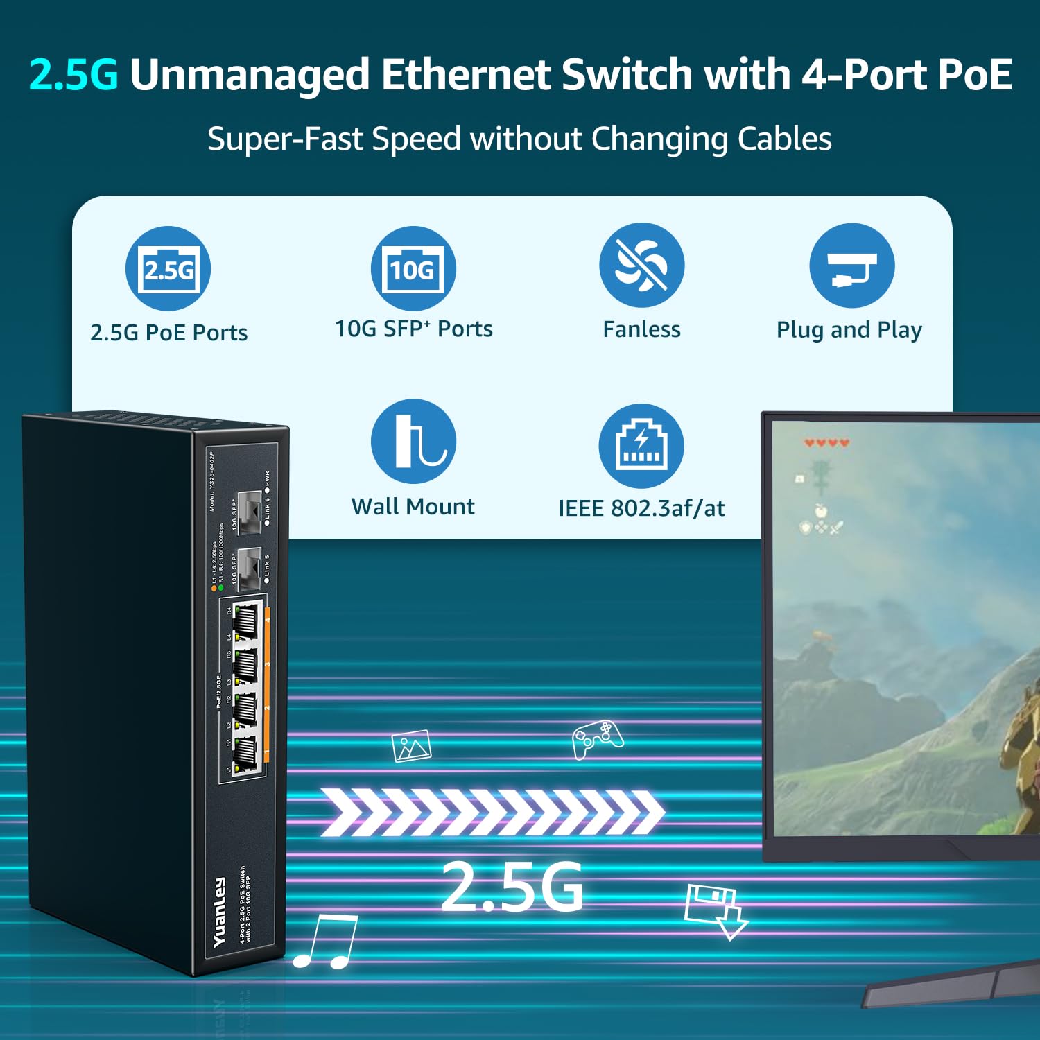Yuanley 6 Port 2.5G Poe Switch Unmanaged, 4 X 2.5G Base T Poe Ports, 2 X 10G Sfp, Ieee802.3Af/At, 78W, Compatible With 100/1000/
