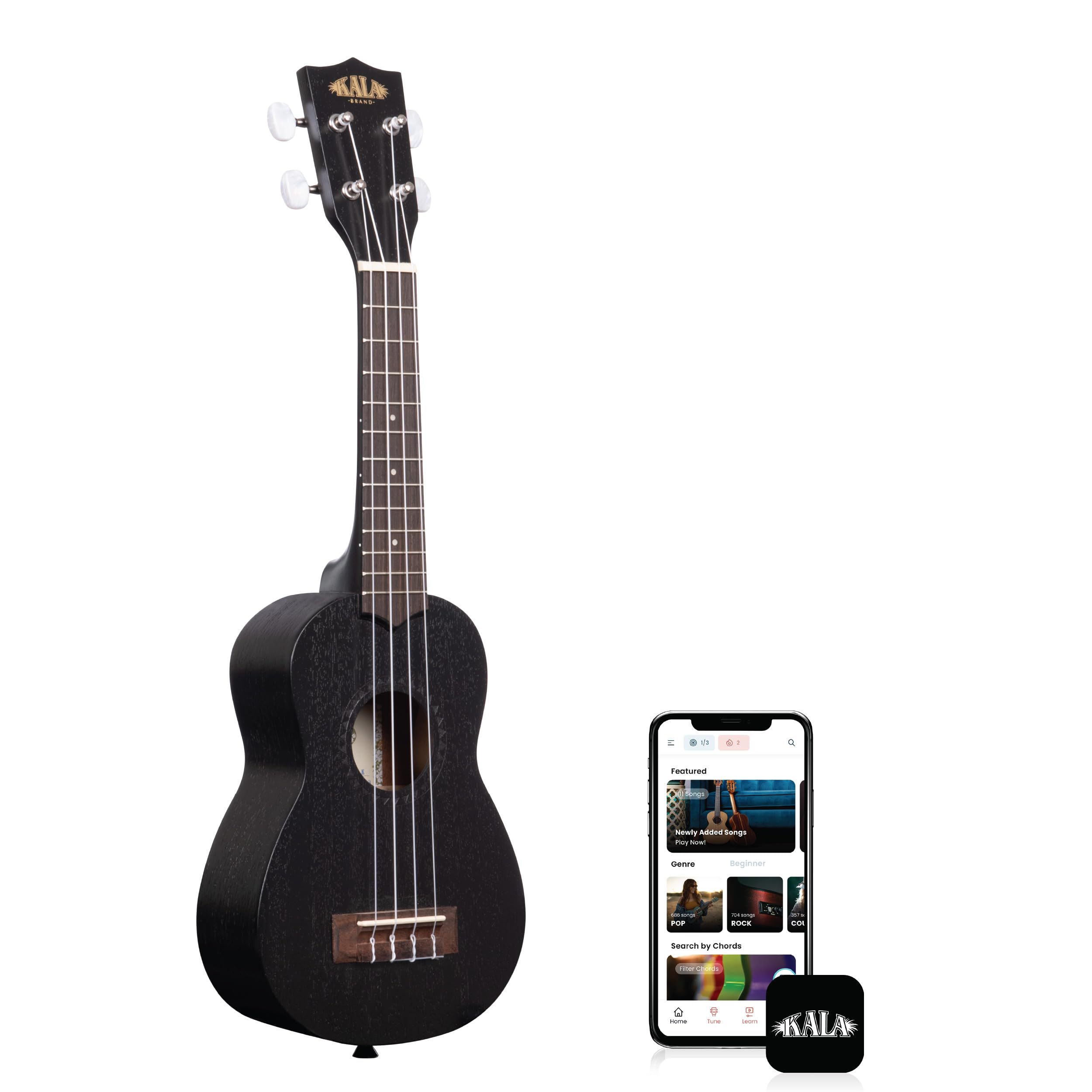 Kala KA-15 Series Black Satin Mahogany Ukulele with Rosewood Fingerboard, 4 Aquila Super Nylgut Strings, for All Ages and Skill 