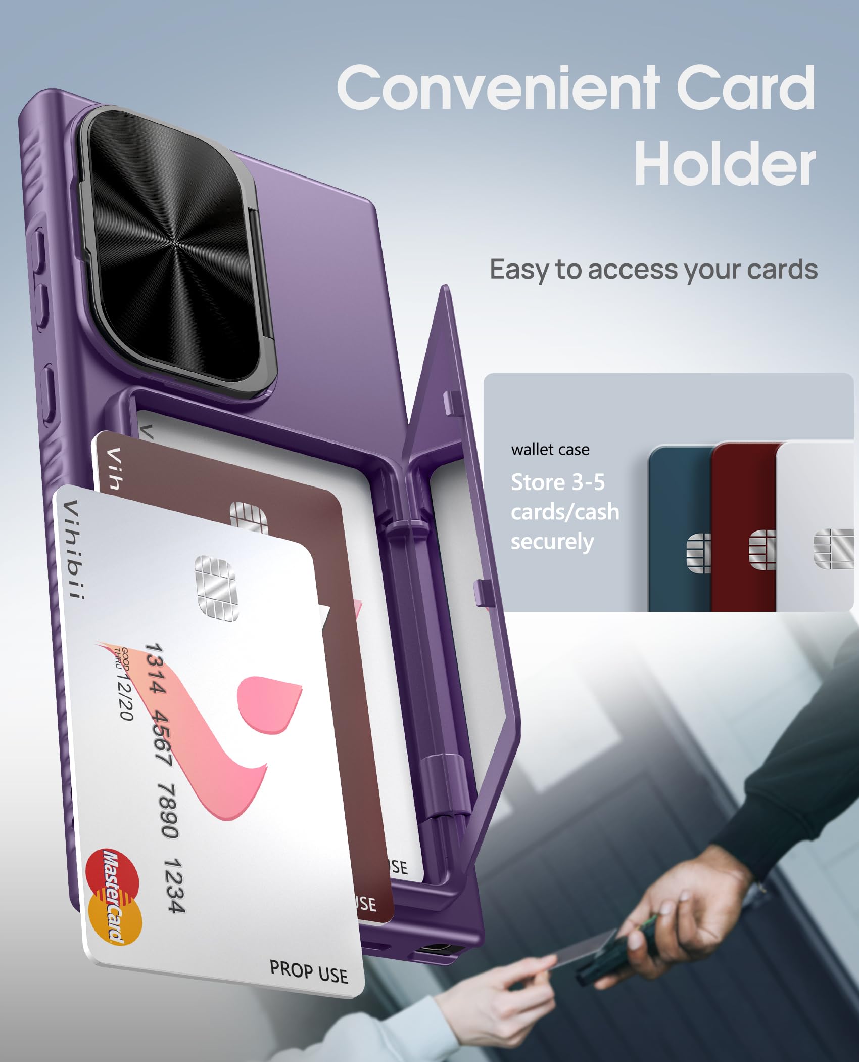 Vihibii For Samsung Galaxy S24 Ultra Case With Card Holder (4 Cards) & Kickstand & Camera Lens Cover, Heavy Duty Hard Back Soft