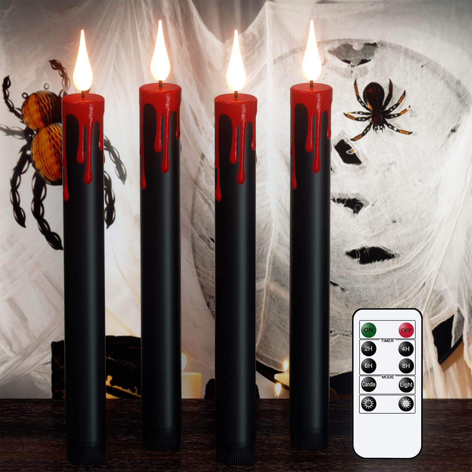 Genswin Halloween Black Taper Flameless Candles Battery Operated With Remote Timer, 4 Pcs Drip Wax Flameless Led Candle Sticks W
