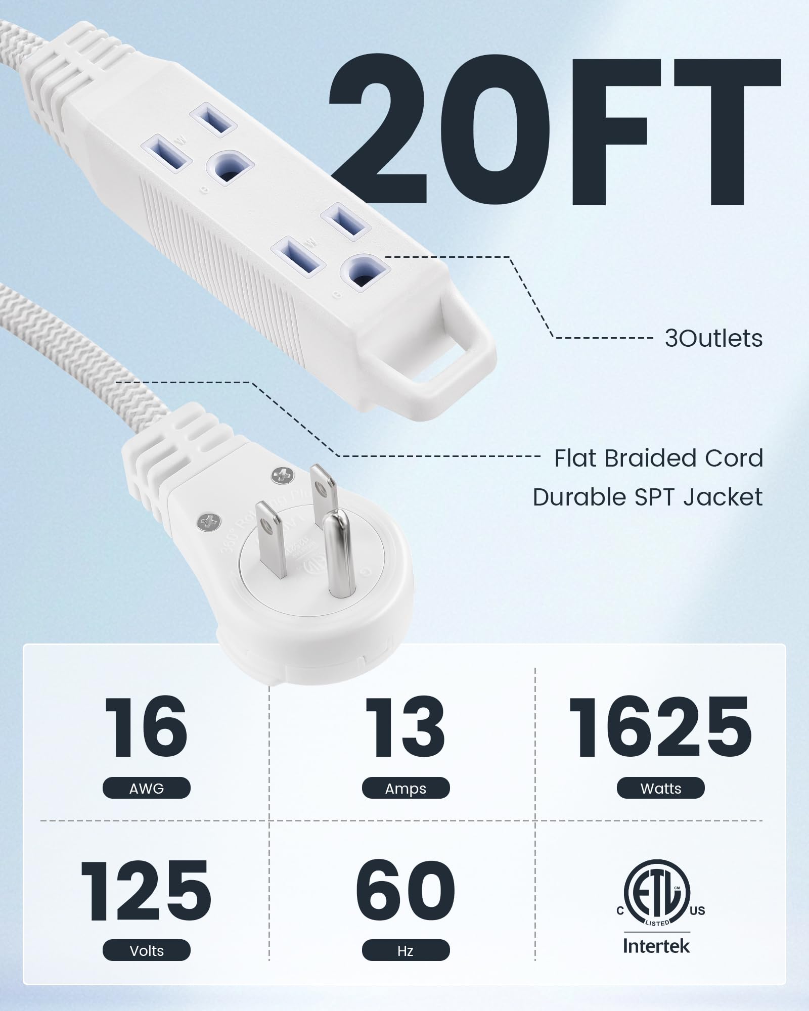 Suraielec 20Ft 360 Rotating Flat Plug Extension Cord Flat Wall Plug With 3 Outlets, Braided Flat White Extension Cord For Indoor