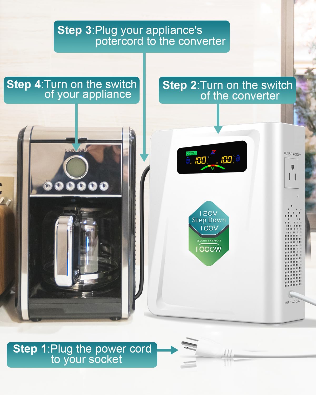 Zhengxi 120V To 100V Step Down Transformer 1000W Power Voltage Converters, No Noise, Ten Protection Functions,Using Japan Applia