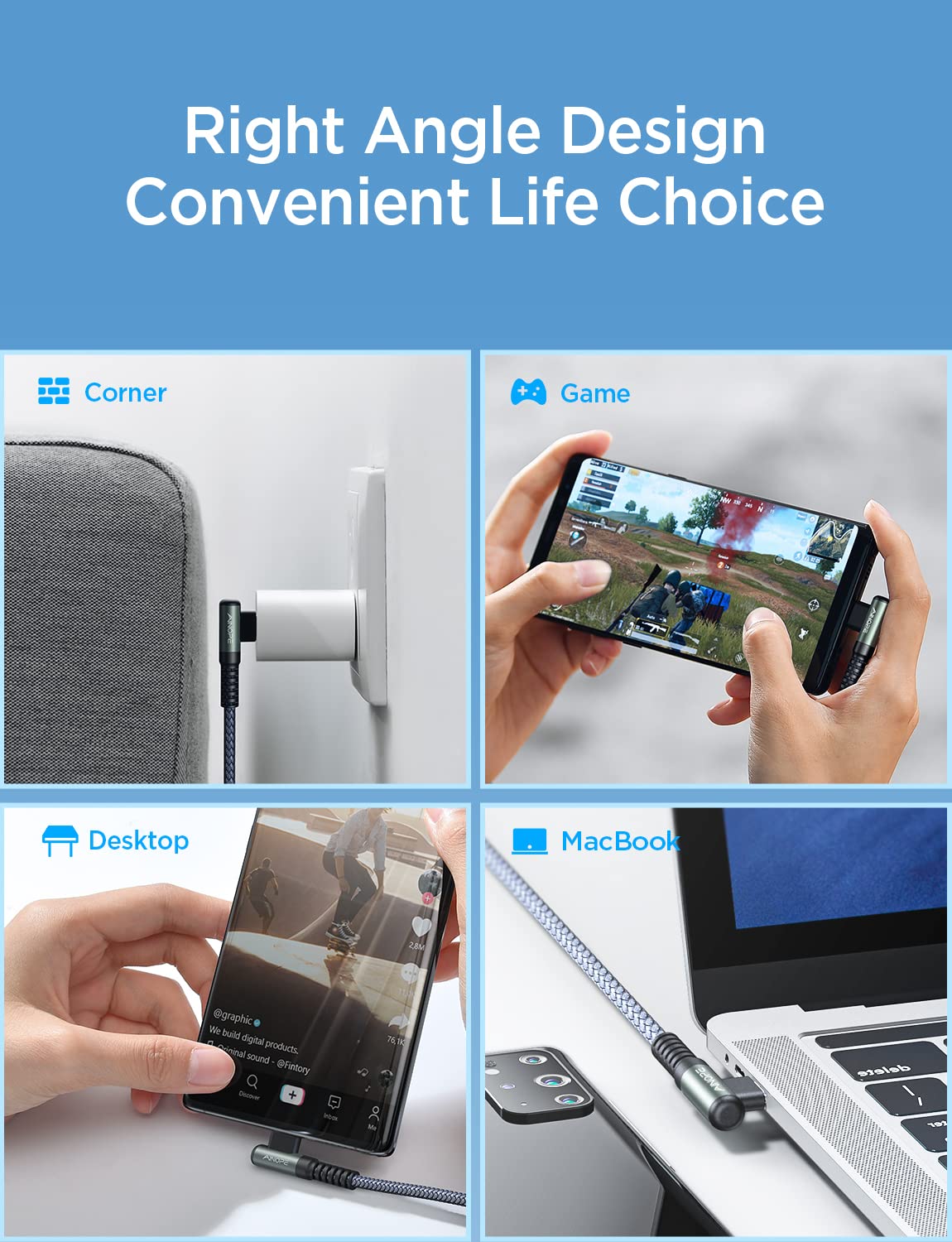 Ainope 100W Usb C To Usb C Cable Fast Charging 10Ft,Right Angle Usbc To Usbc Cable Fast Type C Charging Cable Fits For Iphone 15
