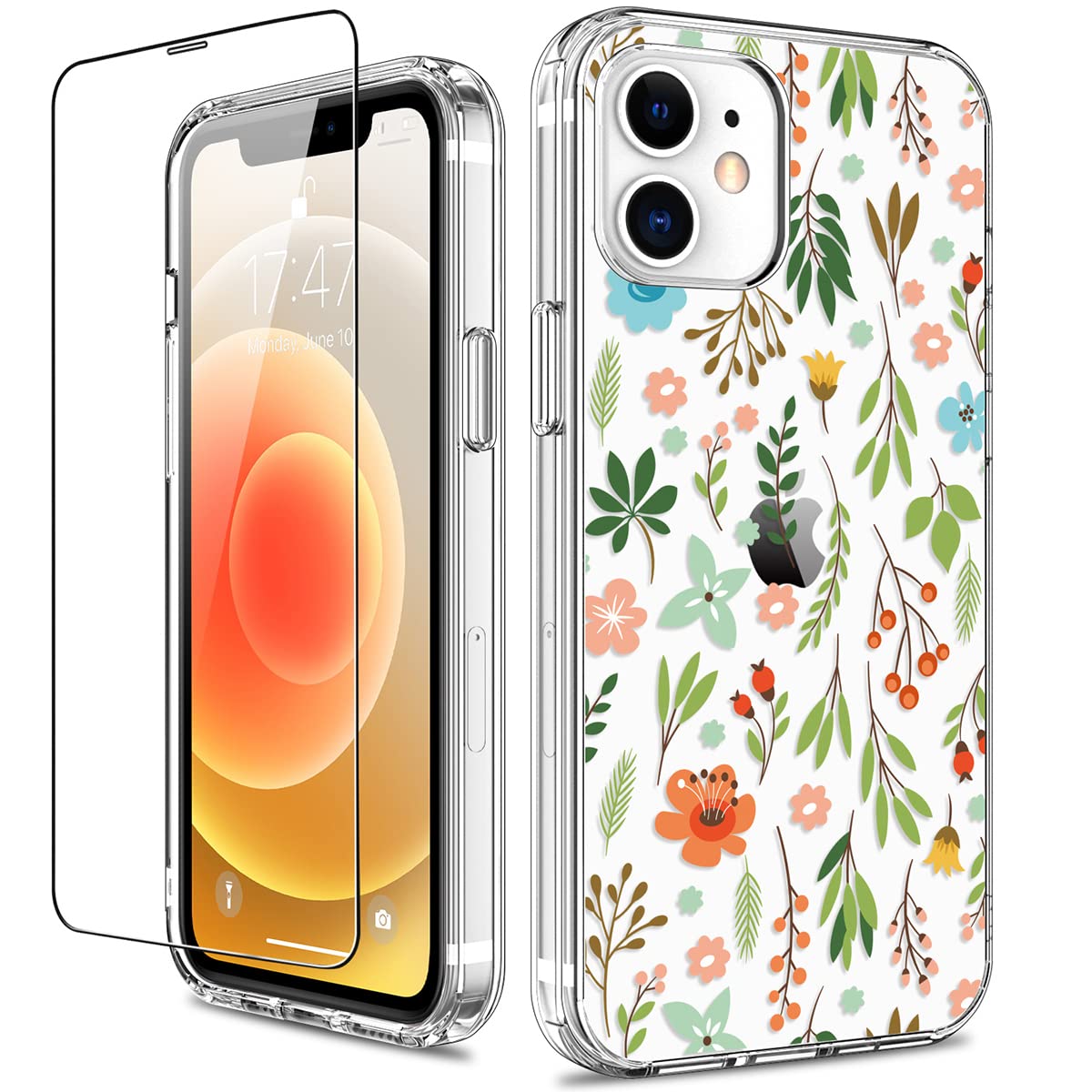 GiiKa for iPhone 12 Case, iPhone 12 Pro Case with Screen Protector, Clear Full Body Protective Floral Girls Women Shockproof Har