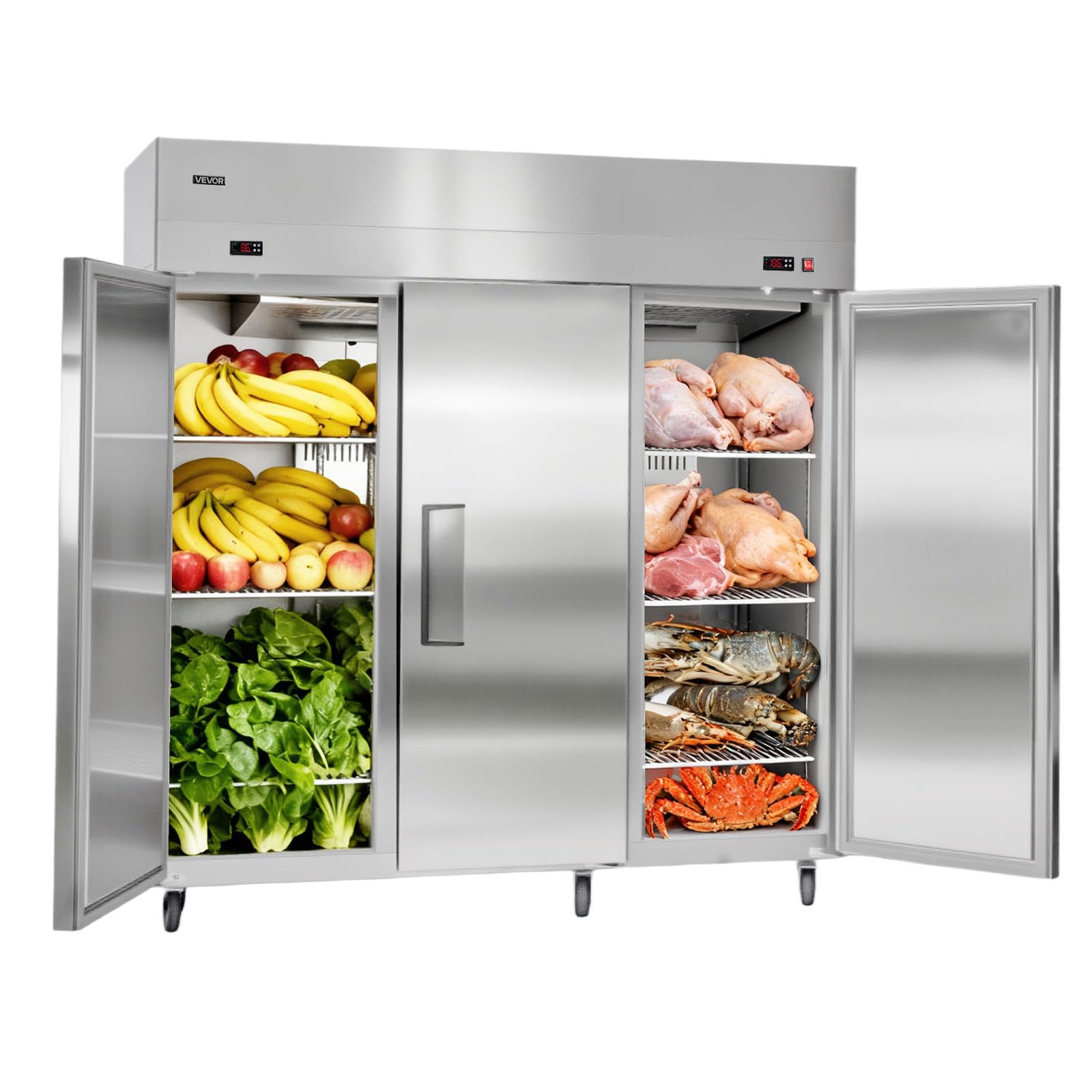 VEVOR Commercial Refrigerator and Freezer Combo 72W, 51 Cu.Ft Stainless Steel Upright Freezer/Refrigerator with Three Doors, Aut