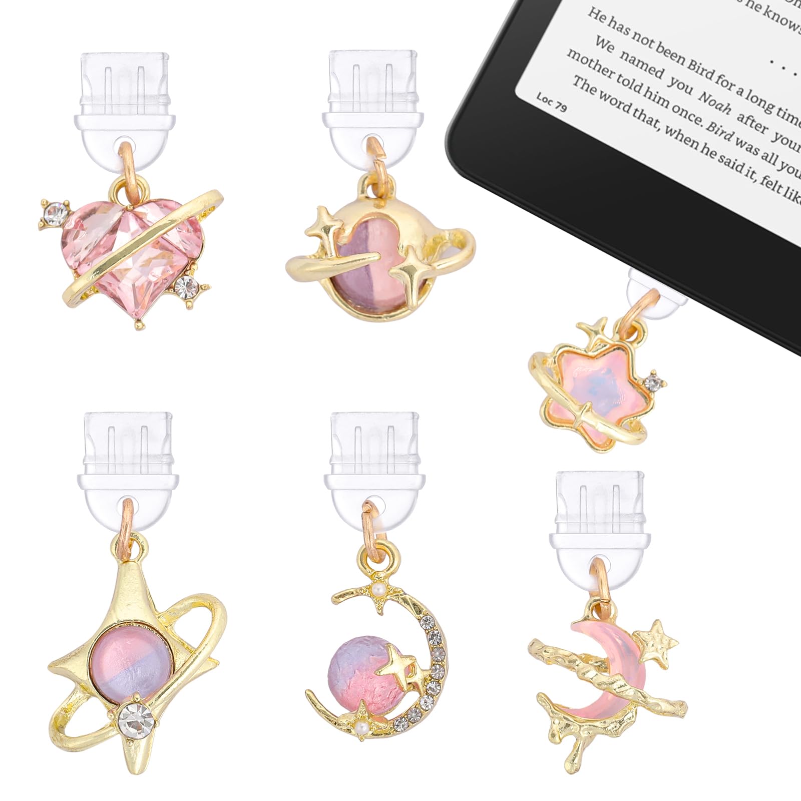 TAKEALOOKO 6 Pcs Fantasy Star Moon Dust Plug Charms - Y2K Gold Pink Celestial Aesthetic Pendants, Type C/USB-C Charging Port Pro
