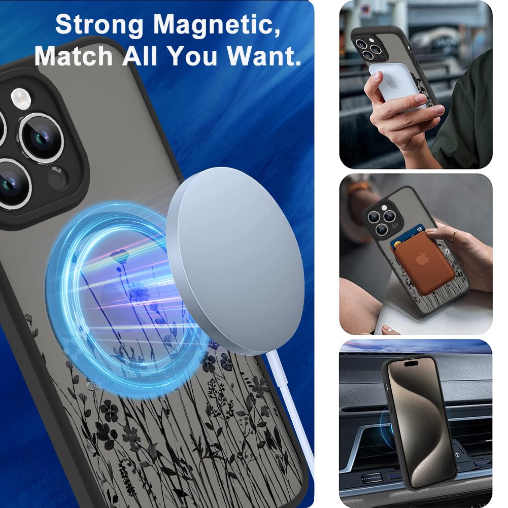 Ook Magnetic For Iphone 15 Pro Case [Compatible With Magsafe] Black Wild Flower Slim Translucent Matte Case Camera Lens Protecti