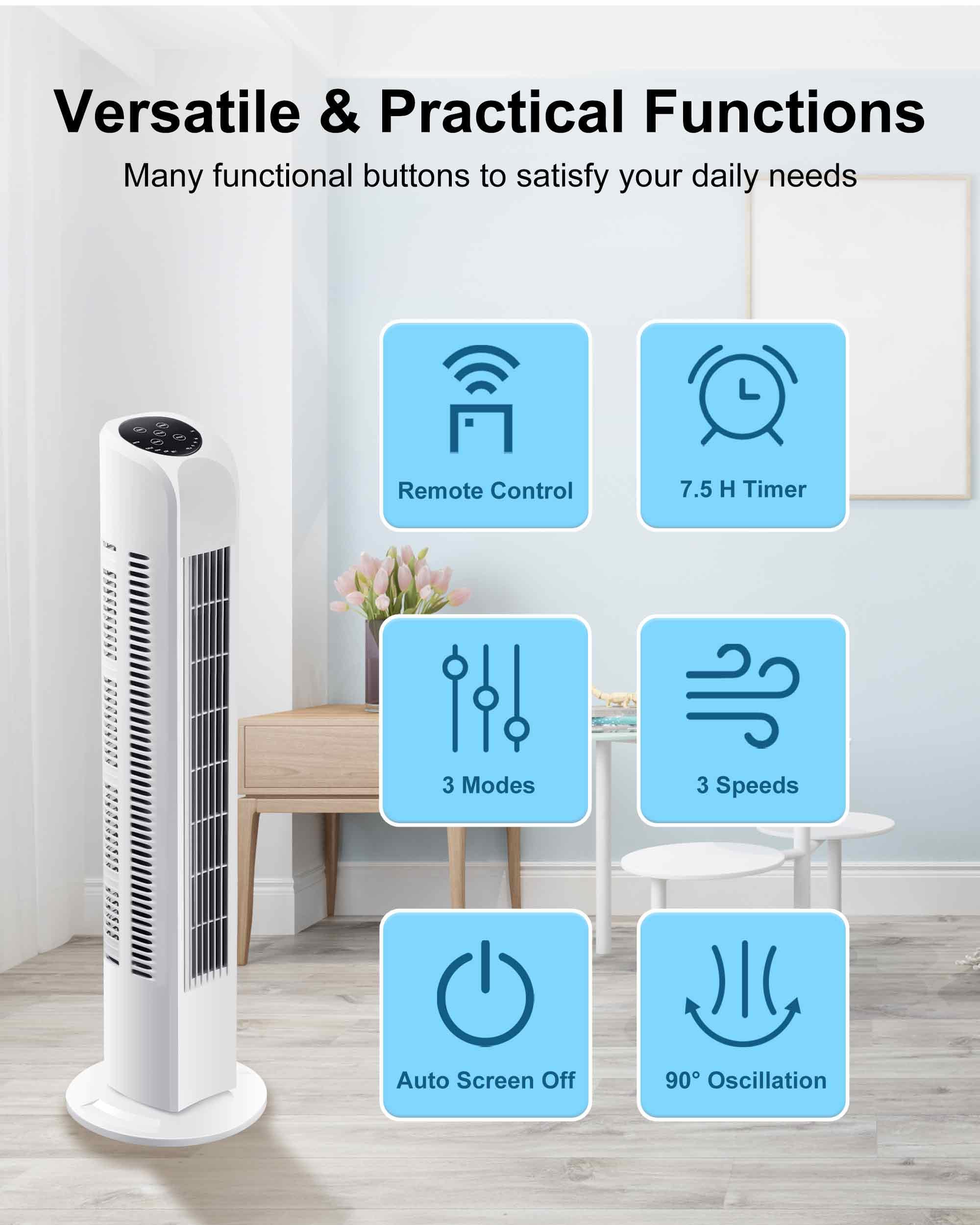 Uthfy Oscillating Bladeless Tower Fan With Remote, Quiet Cooling Portable, Electric Standing Floor Fan With 3 Wind Speeds 3 Mode
