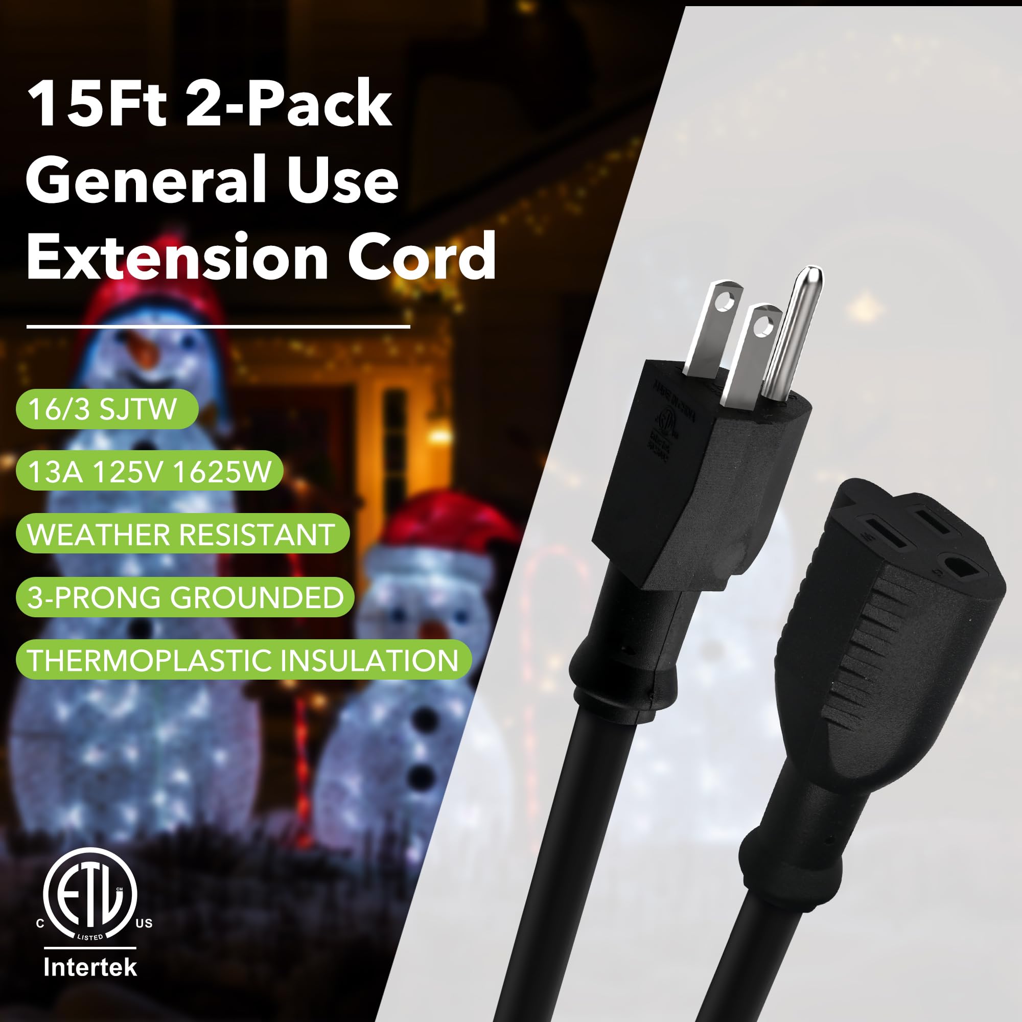 Bn Link 15 Ft Indoor Outdoor Extension Cord 16/3 Sjtw, 2 Pack, 3 Prong, Weather Resistant & Flame Retardant, Grounded Power Cord