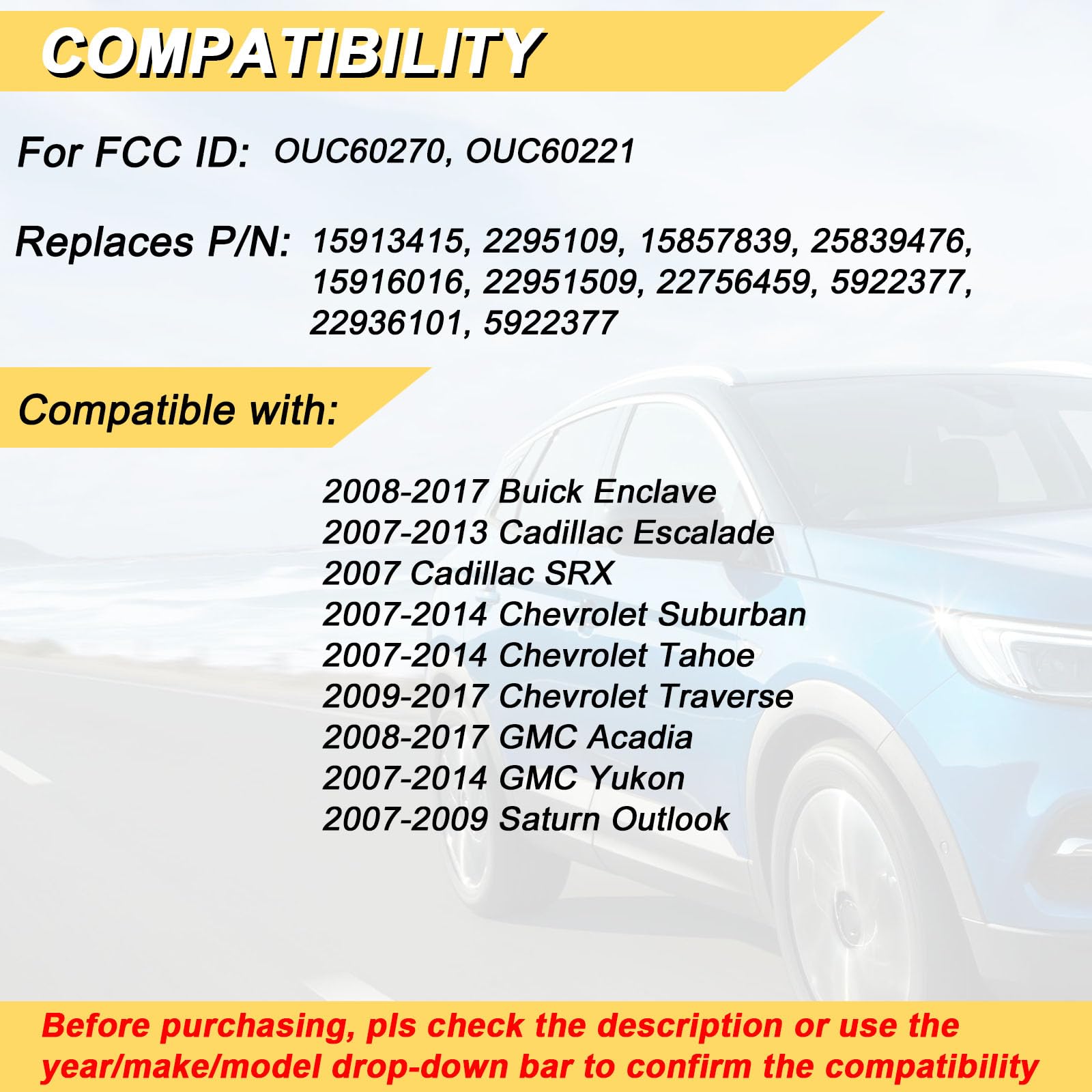 Vurkcy Key Fob Replacement For 2007-2014 Chevy Suburban Tahoe/ 09-17 Traverse/ 07-14 Gmc Yukon/ 08-17 Acadia & Buick Enclave/ 07