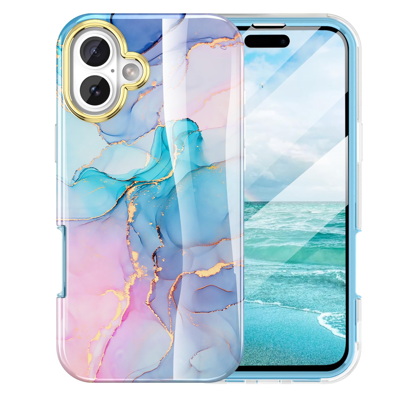Turquiase Cute Marble Case For Iphone 16 Plus 6.7 Inch Built With Screen Protector, Lightweight And Stylish Full Body Shockproof