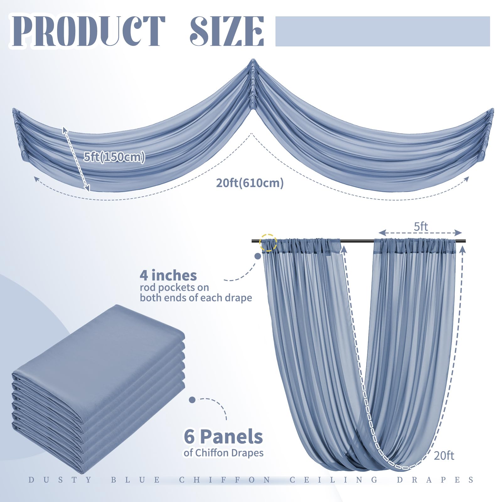 6 Panels Dusty Blue Ceiling Drapes For Wedding Ceiling Drapes 5Ftx20Ft Wedding Arch Draping Fabric Sheer Curtains Voile Chiffon
