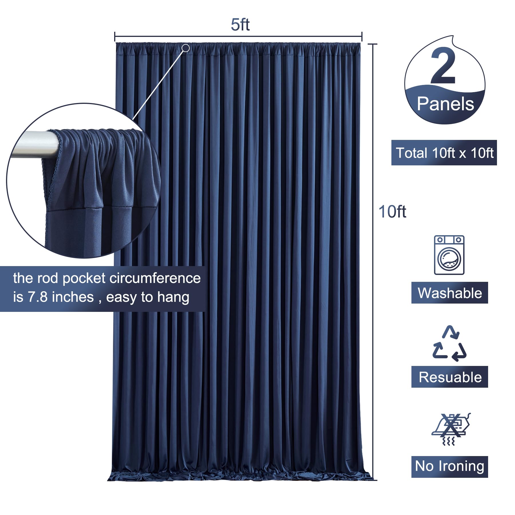 10Ft X 10Ft Navy Blue Backdrop Curtains Panels For Party Wrinkle Free Fabric Backdrop Drapes Decorations Cloth For Wedding Baby