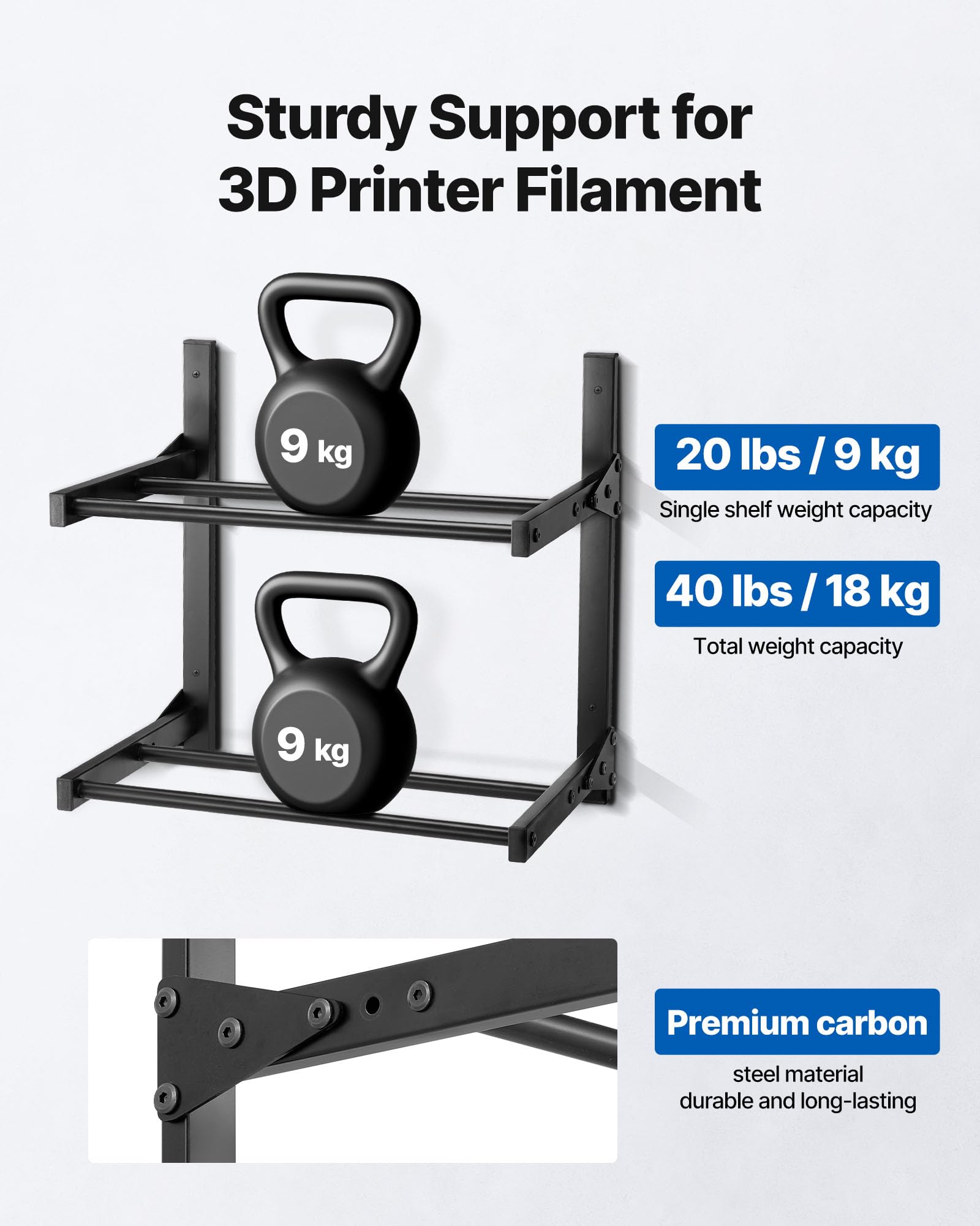 Vevor Wall Mount Printer Filament Storage Rack, 2-Tier Wall Bracket Storage Shelf, Rolling Filament Spool Holders Racks With Whe