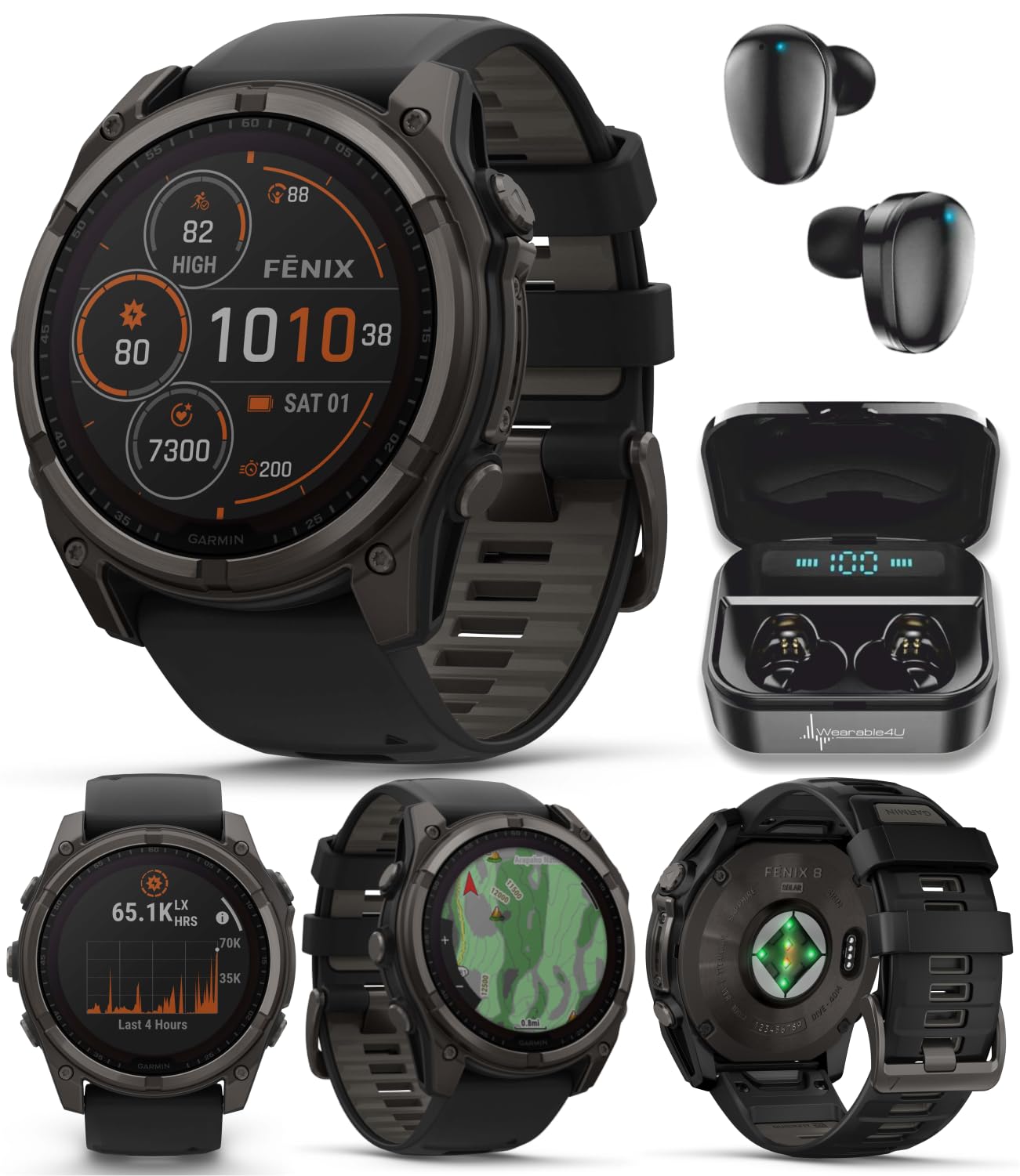 Wearable4U Garmin Fenix 8 - 51 mm, Solar, Sapphire, Carbon Gray DLC Titanium GPS Multisport Smartwatch with Black/Pebble Gray Si