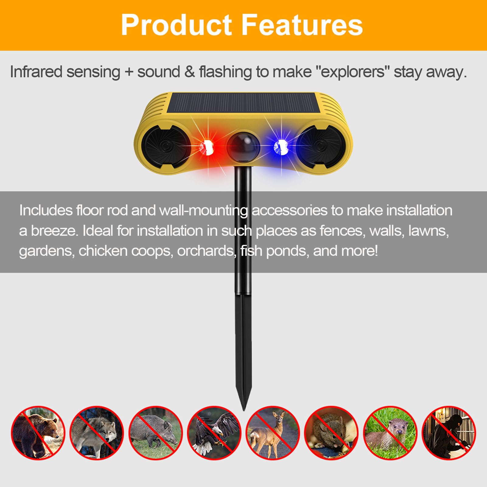 Solar Outdoor-Indoor Motion Sensor Alarm - Loud Noise Maker! 13 Sound Detector Strobe Light. Perfect For Homes, Cottages, And Fa