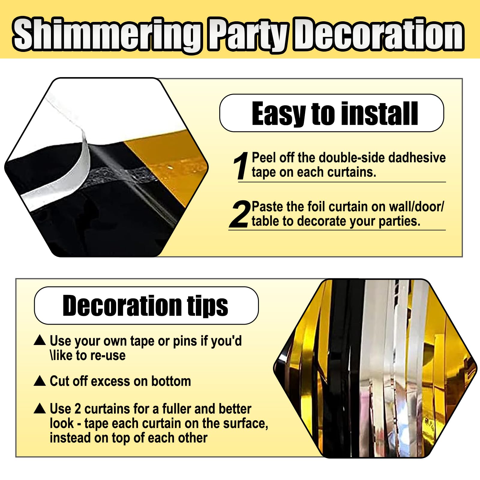 3 Pack Black Gold Silver Foil Fringe Curtain Backdrop, 3.28Ft X 6.6Ft Metallic Tinsel Foil Fringe Streamer Curtains For Photo Bo