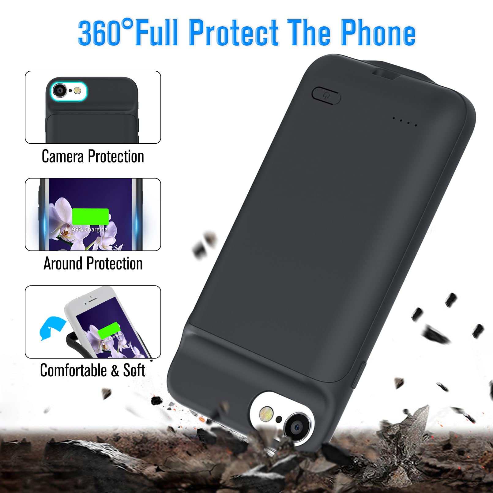 Battery Case For Iphone 8/7/6S/6/Se(2020/2022), Powerful 6000Mah Portable Rechargeable Protective Charging Case For Iphone 8/7/6