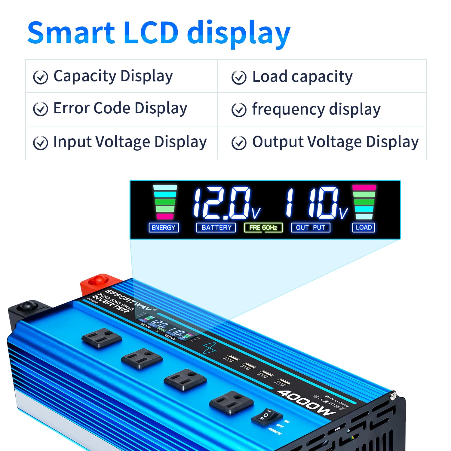4000W Pure Sine Wave Inverter Dc 12V To Ac 110V/120V Converter, 8000W (Peak) With Lcd Display, Wireless/Wired Remote Control, 4A