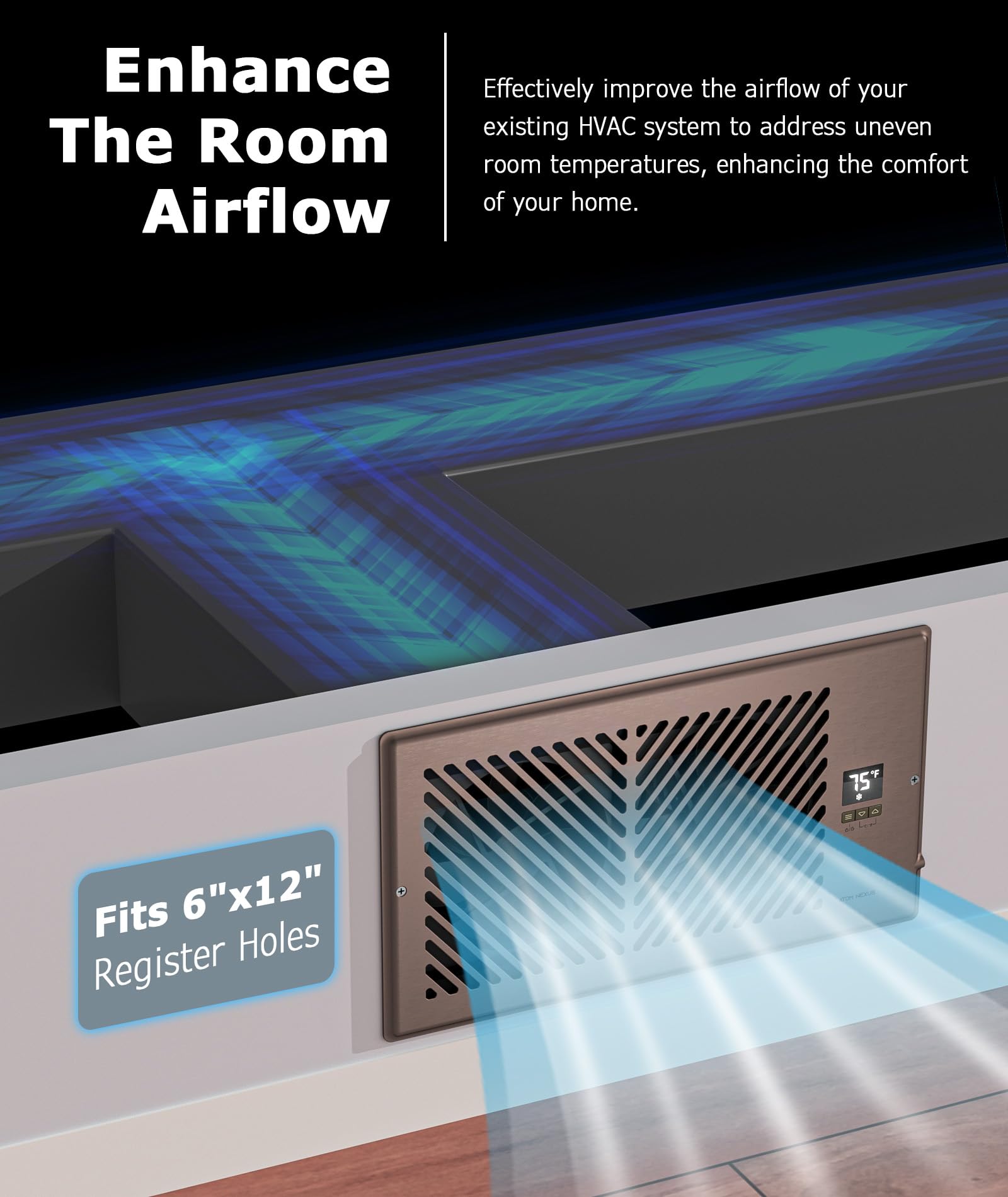 Atom Nexus Airblaze Z6, Quiet Register Booster Fan Fits 6   X12    Register Holes, Smart Vent Booster Fan With Thermostat Contro