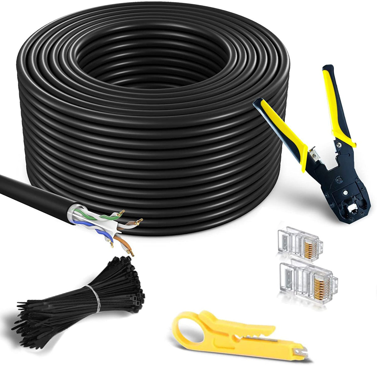 Mutecpower 100M Cat6 Outdoor Waterproof Direct Burial Ethernet Network Cable   Utp   Cca   550 Mhz   Black 100 Meter With Crimpi