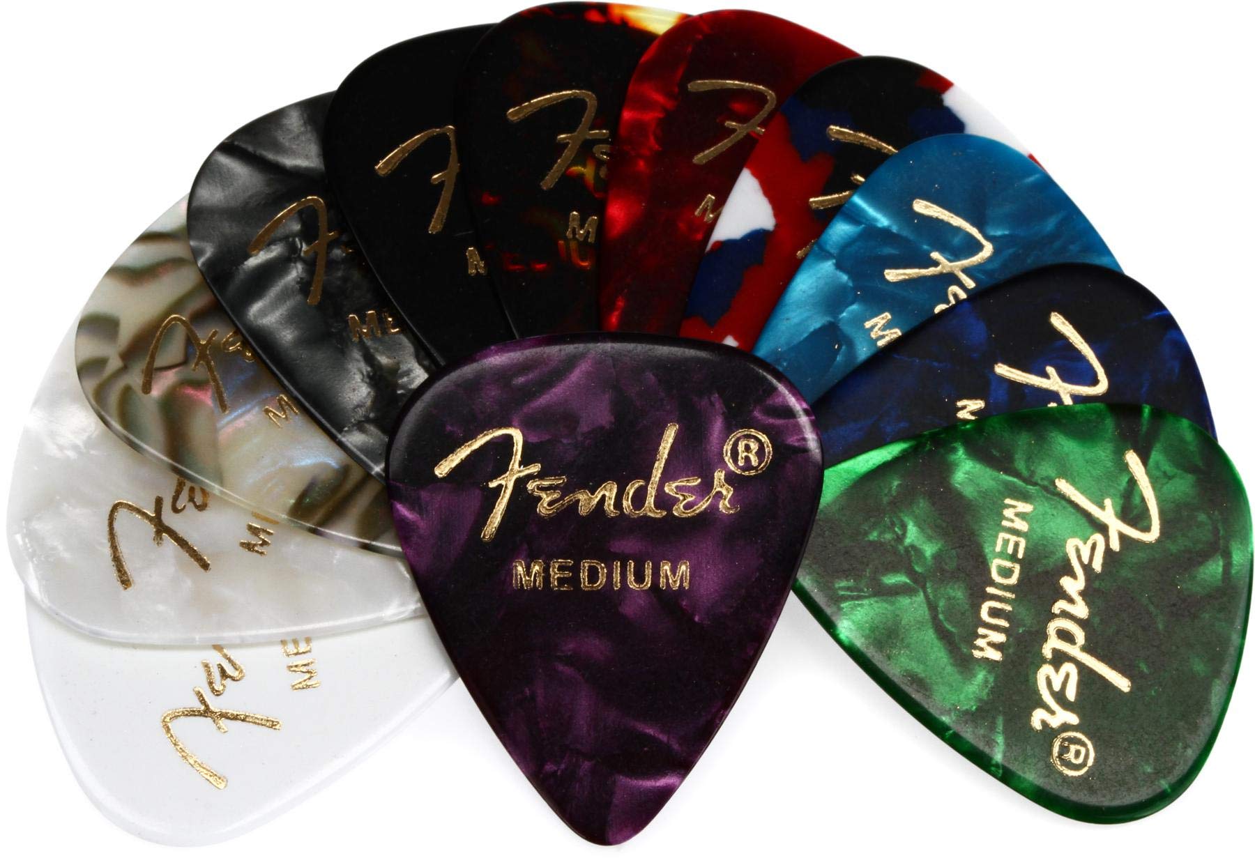 Fender Classic Celluloid Guitar Picks 351 Shape, Color Medley, Medium, 12-Pack