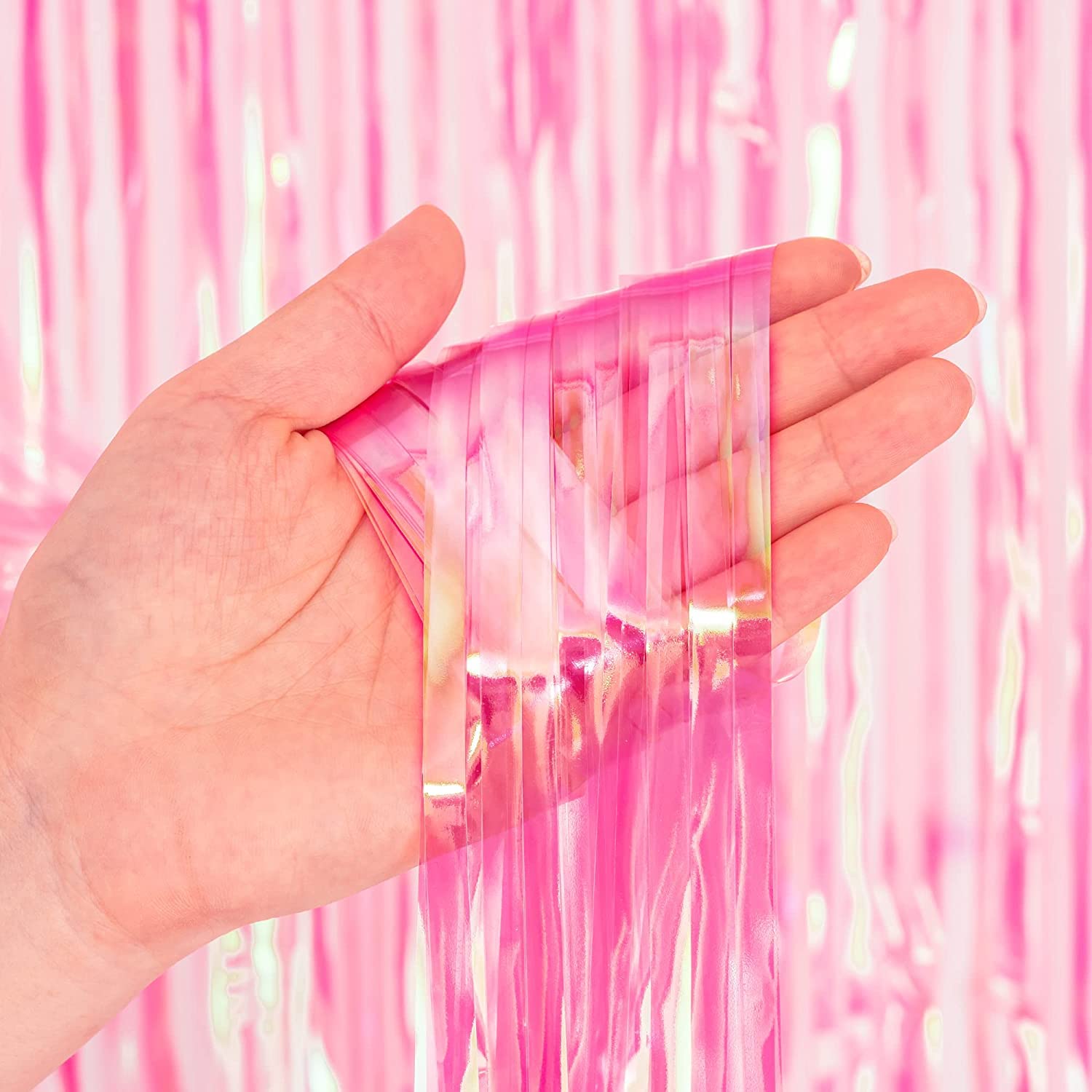 Braveshine Clear Pink Party Decoration Iridescent Foil Fringe Backdrops   2 Pack 3.2 X 6.5 Ft Metallic Tinsel Photo Booth Pros S