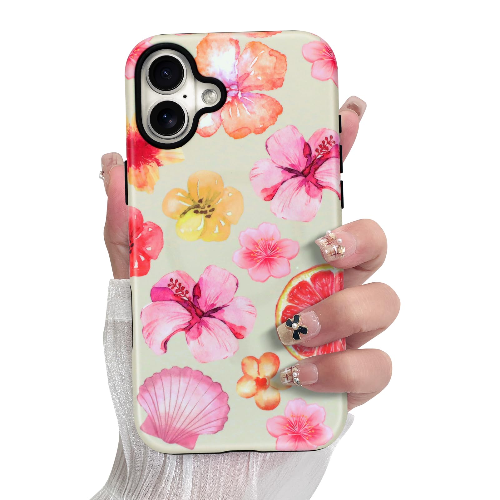 SOKAD Magnetic Hibiscus Seashell Phone Case for iPhone 16, Cute Summer Florals Pattern Compatible with Magsafe Matte Protective 