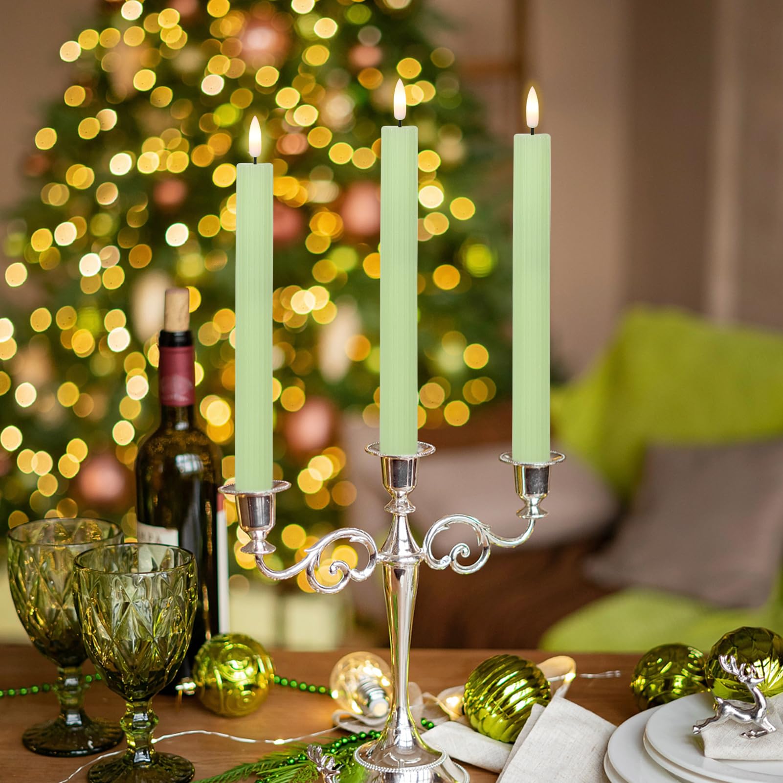 Dromance Green Flameless Flickering Taper Candles Battery Operated With 10 Key Remote And Timer 6 Packs 3D Wick Vertical Stripe