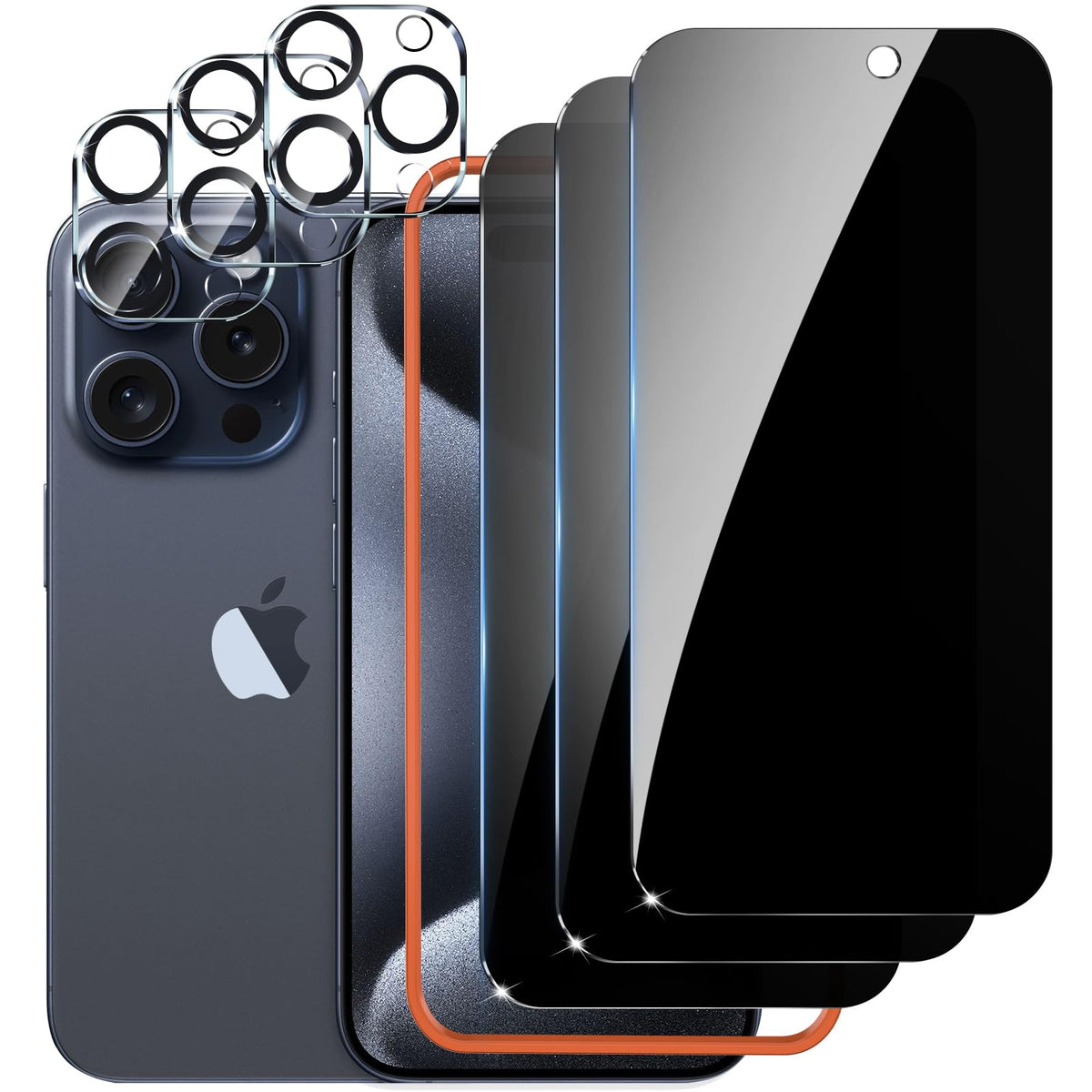 Lywhl For Iphone 15 Pro Max Privacy Screen Protector, 3 Pack Tempered Glass Anti-Spy Accessories With 3 Pack Camera Lens Protector, [Easy Install Frame] Private Phone Case Friendly