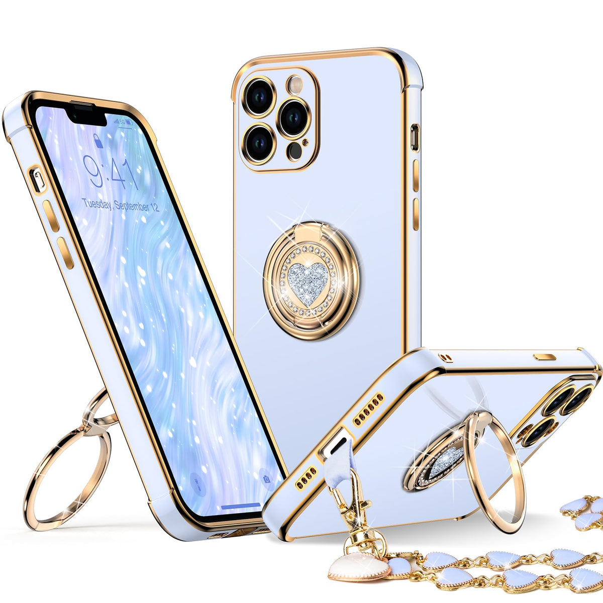 Xyz For Iphone 13 Pro Case With Stand, Phone Case With Double Ring Kickstand, Women Girl Cute Love Heart Luxury Bling Protective