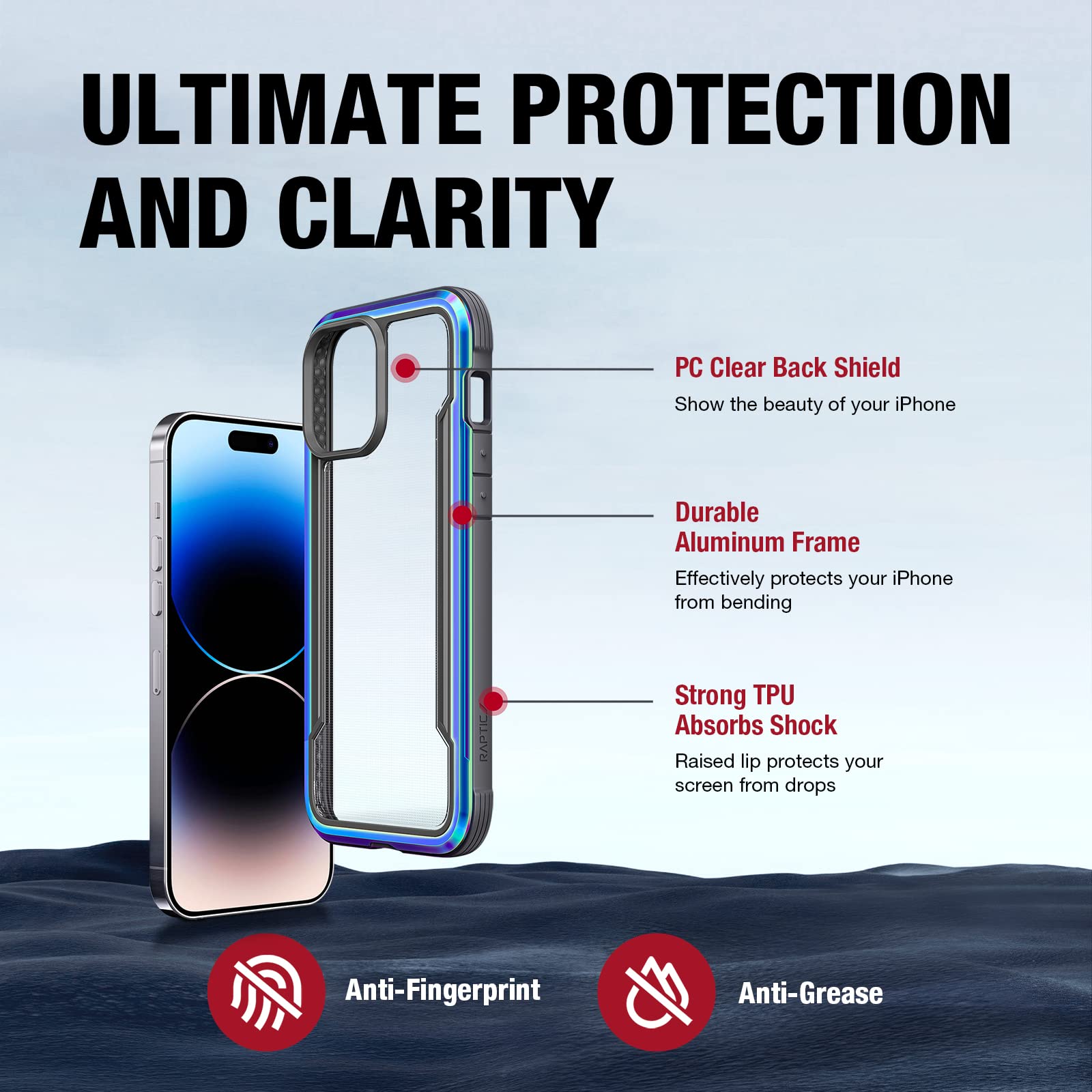 Raptic Shield For Iphone 14 Pro Case, Shockproof Protective Clear Case, Military Grade 10Ft Drop Tested, Durable Aluminum Frame,