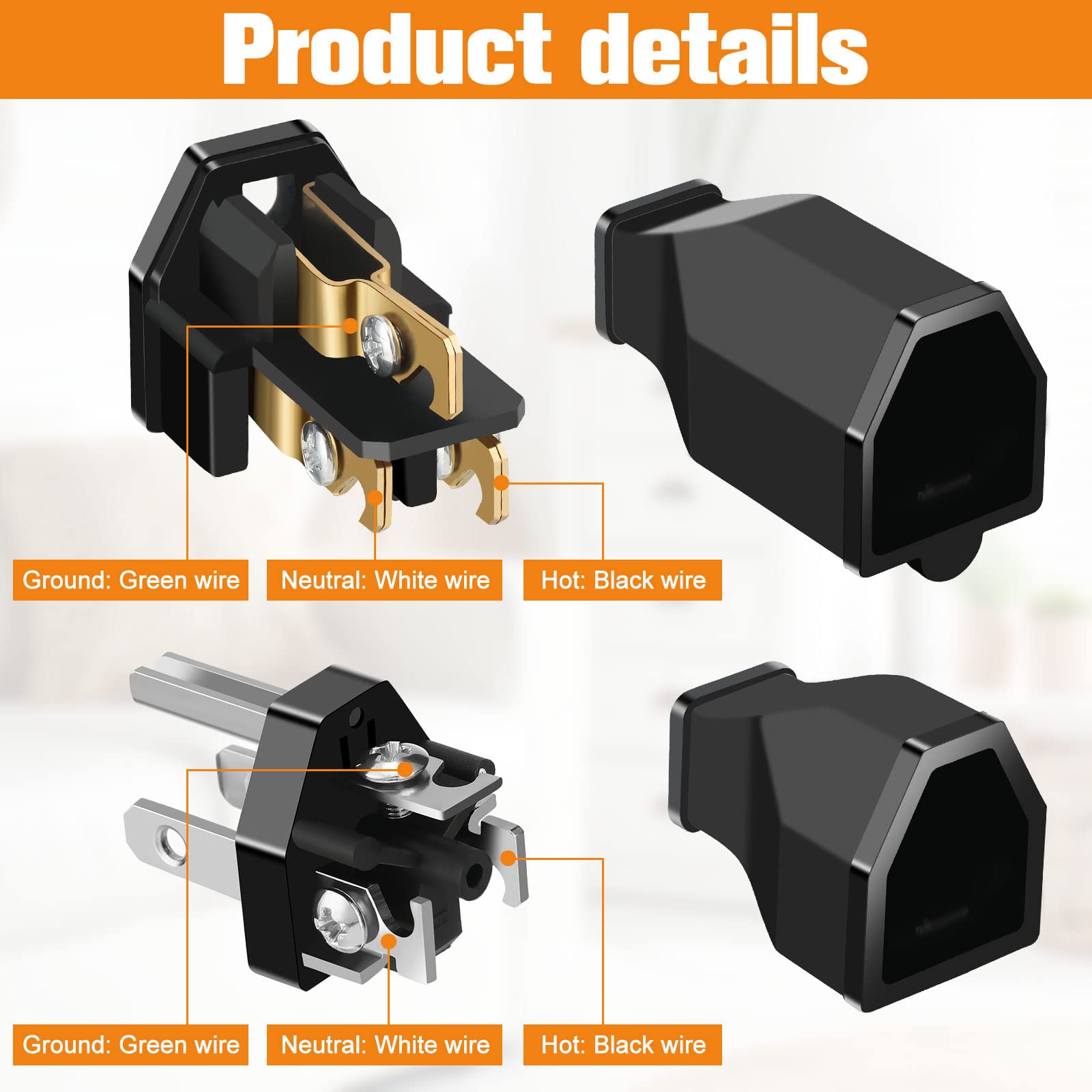 20 Pieces Extension Cord Plug Replacement Extension Cord Ends 125V 15A 2 Pole 3 Wire Male Plug And Female Connector Straight Plu