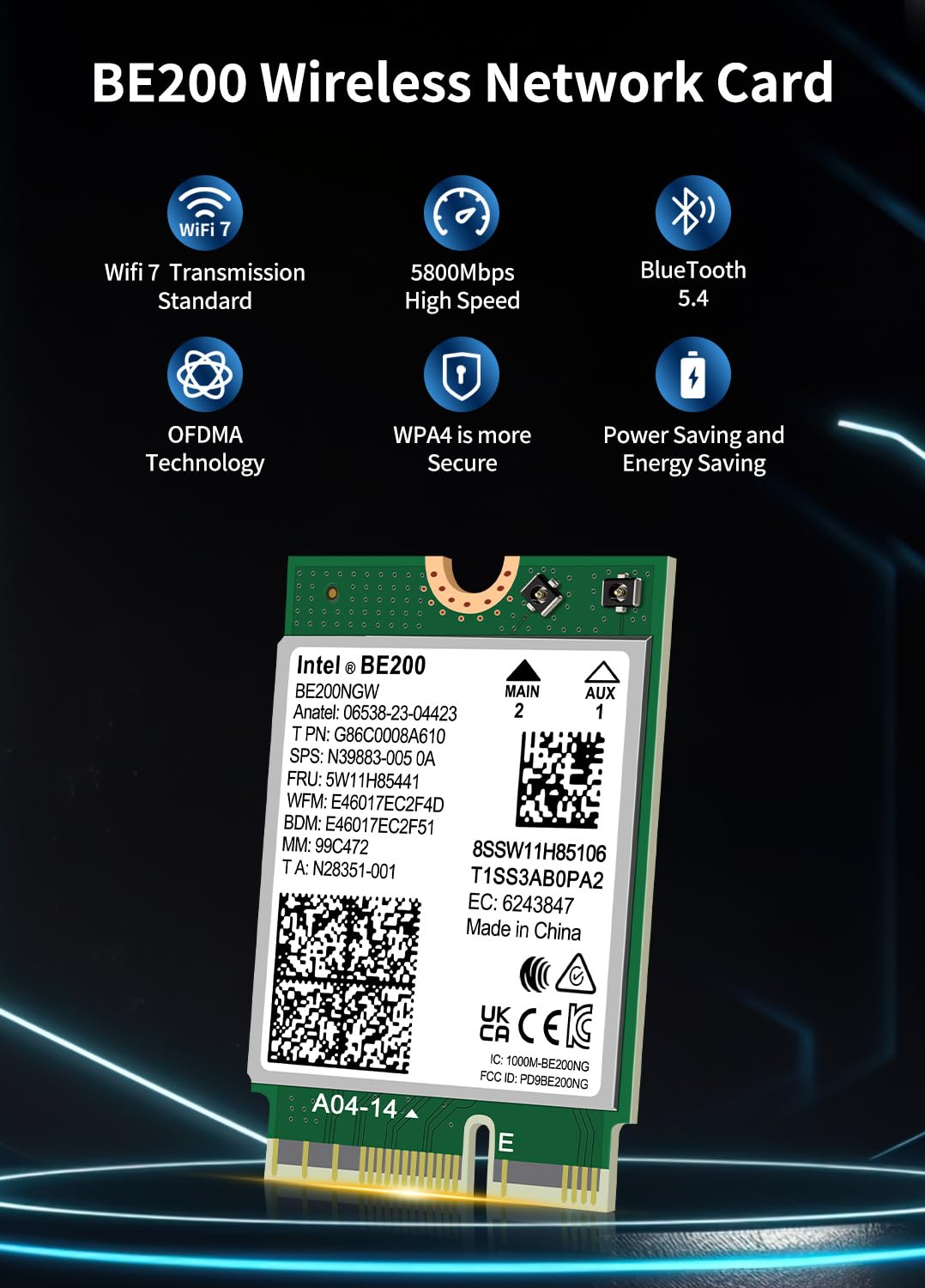 Wifi 7 Wireless Card Intel Be200 Ngw, Bluetooth 5.4, 5800Mbps M.2/Ngff Network Support Windows 10/11 (64Bit), Linux, Not Support