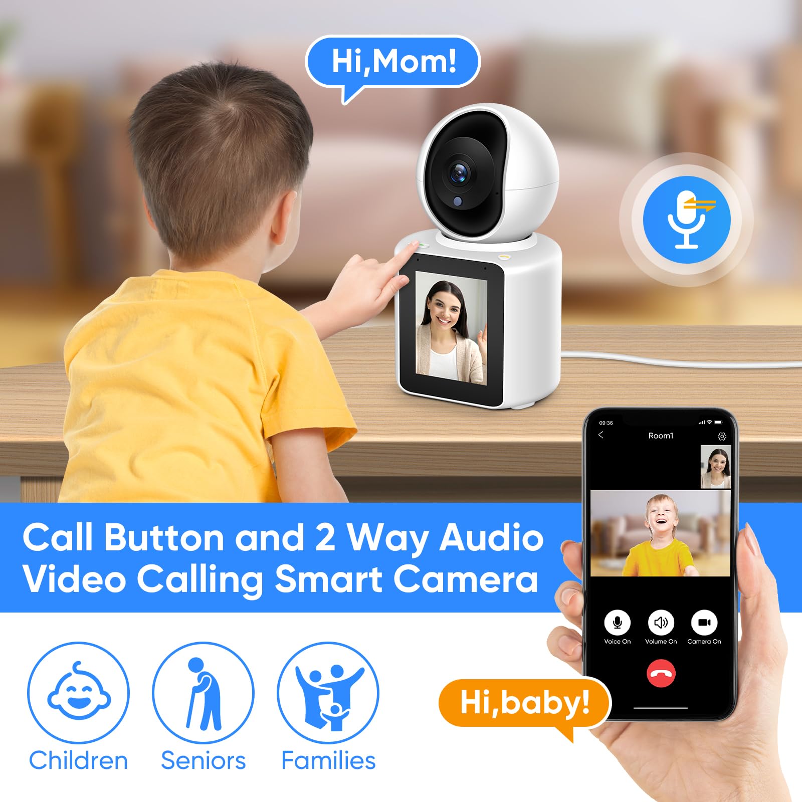 2K Two Way Video/Audio Indoor Camera, Child/Elder/Dog/Pet Camera With Phone App, 2K Home Security Camera With Pan Tilt, Night Vi