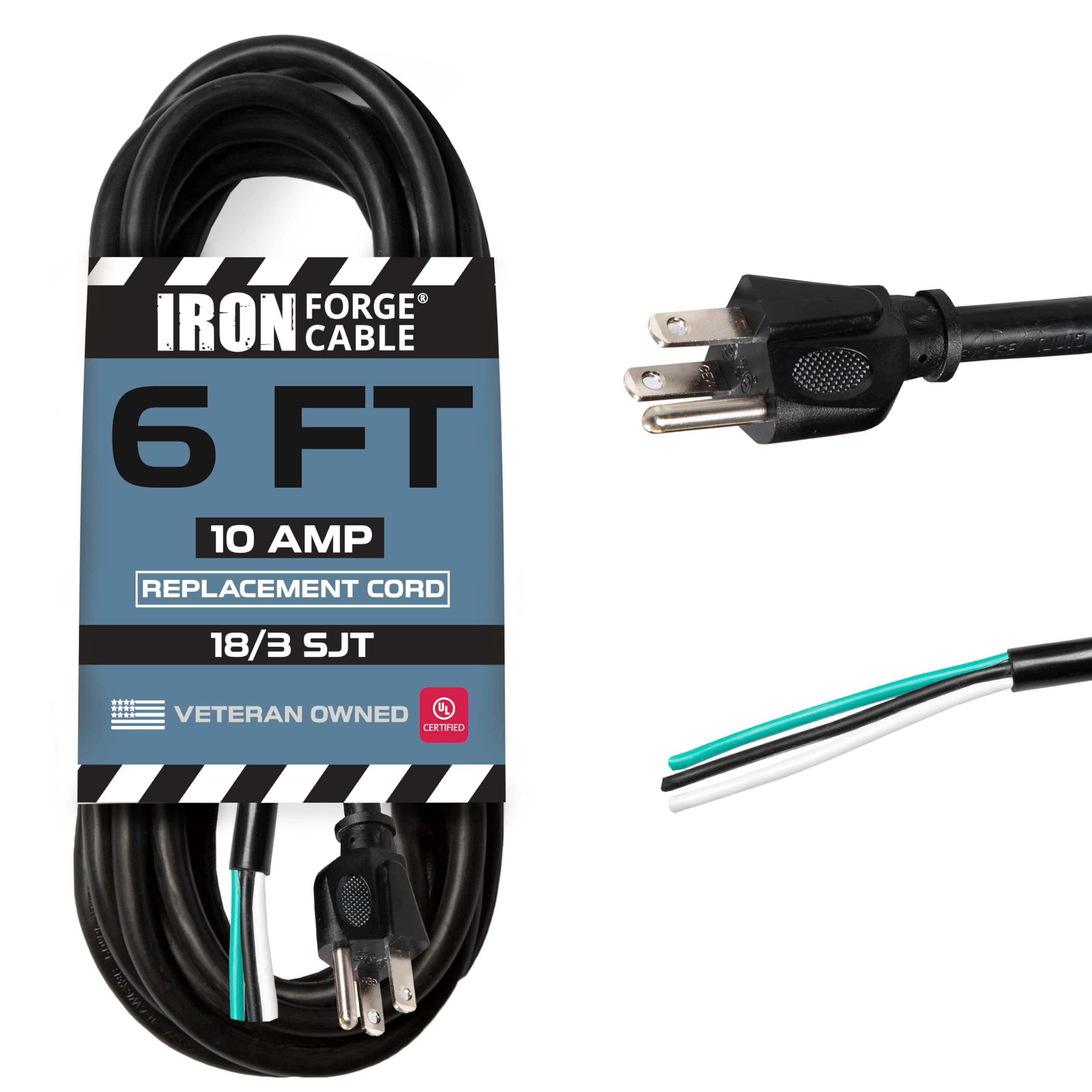 Iron Forge Cable 18 Gauge Replacement Power Cord With Open End 10 Amp, 6 Ft Black Extension Cable, 18/3 Sjt, Nema 5 15P