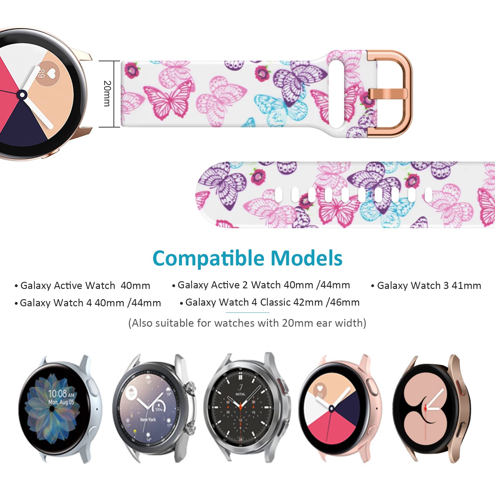Toolaik Floral Bands Compatible With Galaxy Watch 7 6 5 4 Active 2 Watch Band 40Mm /44Mm,Active Watch Band 40Mm, 20Mm Silicone W