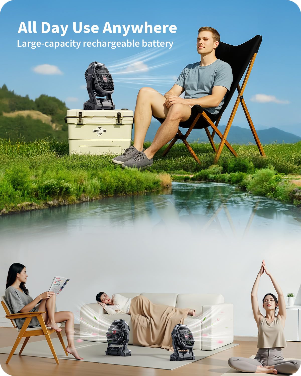 Gamfeiny Portable Battery Operated Fan, 20000Mah Rechargeable Camping Fan With Led Lantern, Hang Hook, Camping Gear For Travel,