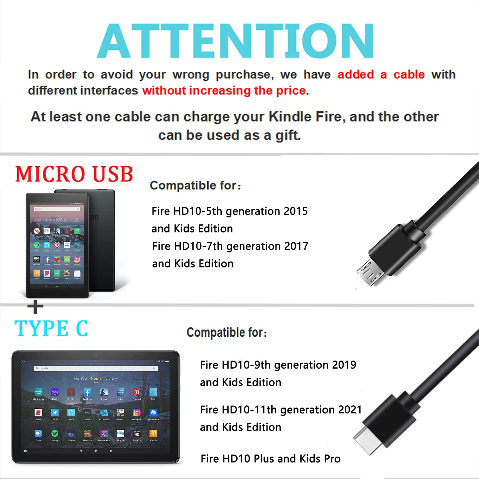 TONIWA Fast Charger for Fire HD 10 Tablet, 5Ft Type-C Micro USB Cable, Black, Model FX2U-050200U