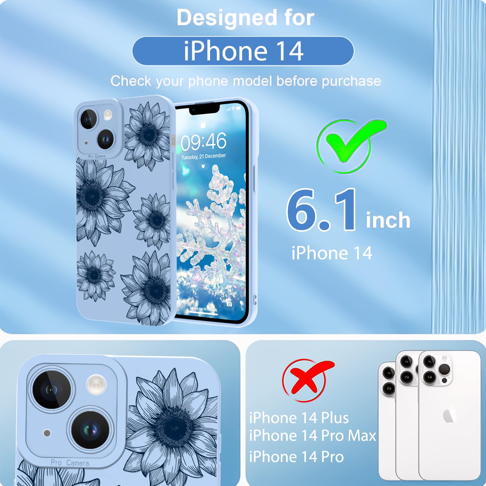 Ook Floral Case For Iphone 14 Case, Cute Sunflower Floral Blooms Design Soft Tpu Shockproof Protective For Women Girls Slim Phon