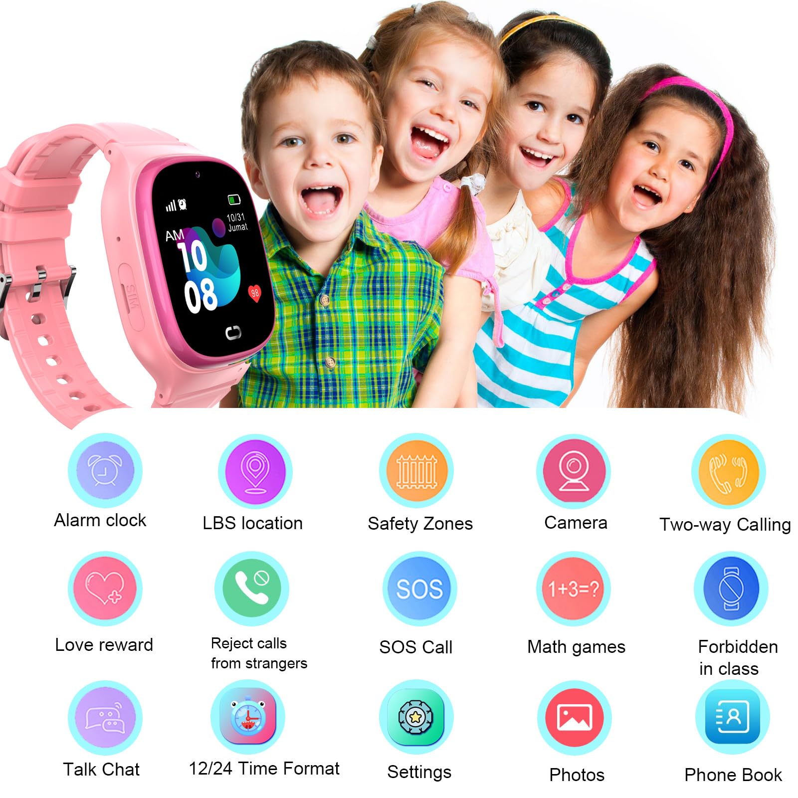 Kids Smart Watch Lbs Tracker - Boys Girls Smartwatches For 3-12 Year Old With Sos Camera Alarm Call Camera Class Non Disturb 12