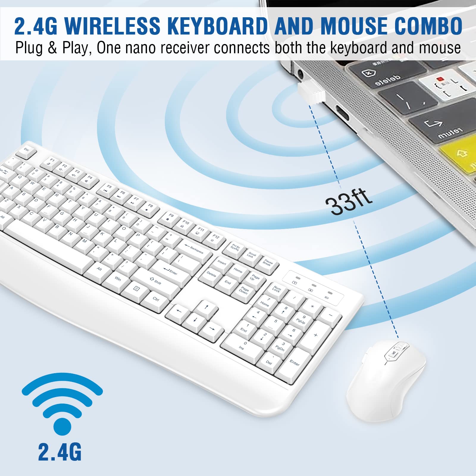 Wireless Keyboard And Mouse Combo, Edjo Full Sized Ergonomic Computer Keyboard With Wrist Rest And 3 Level Dpi Adjustable Wirele